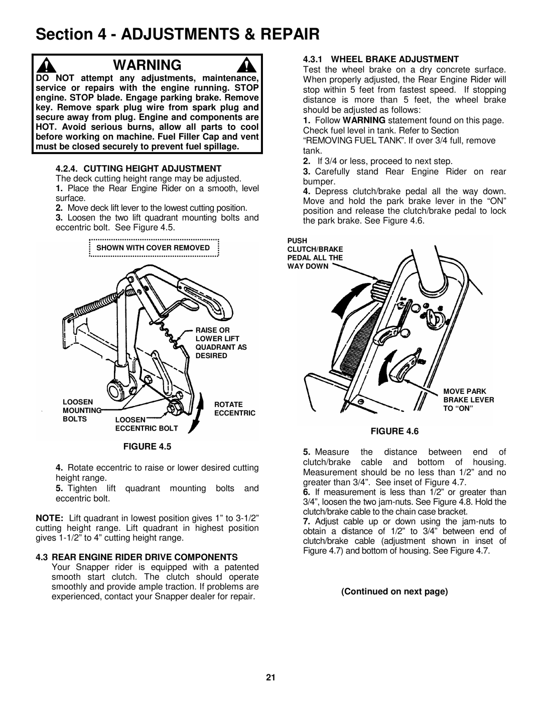 Snapper 3314520BVE, 281320BE, 301320BE, 331520KVE, 281320BE, 301320BE, 3314520BVE, 331520KVE Wheel Brake Adjustment 