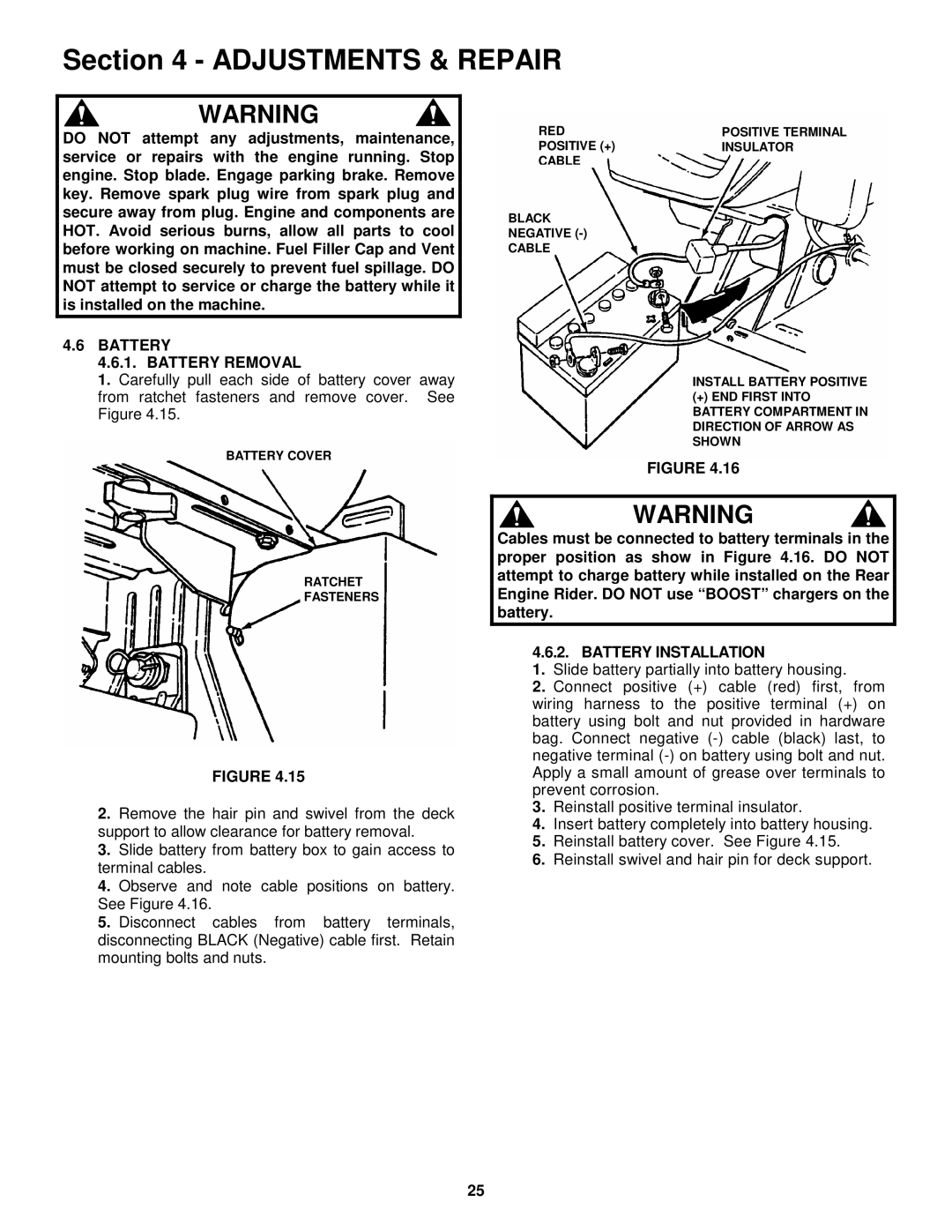 Snapper 281320BE, 301320BE, 3314520BVE, 331520KVE Battery Battery Removal, Battery Installation 