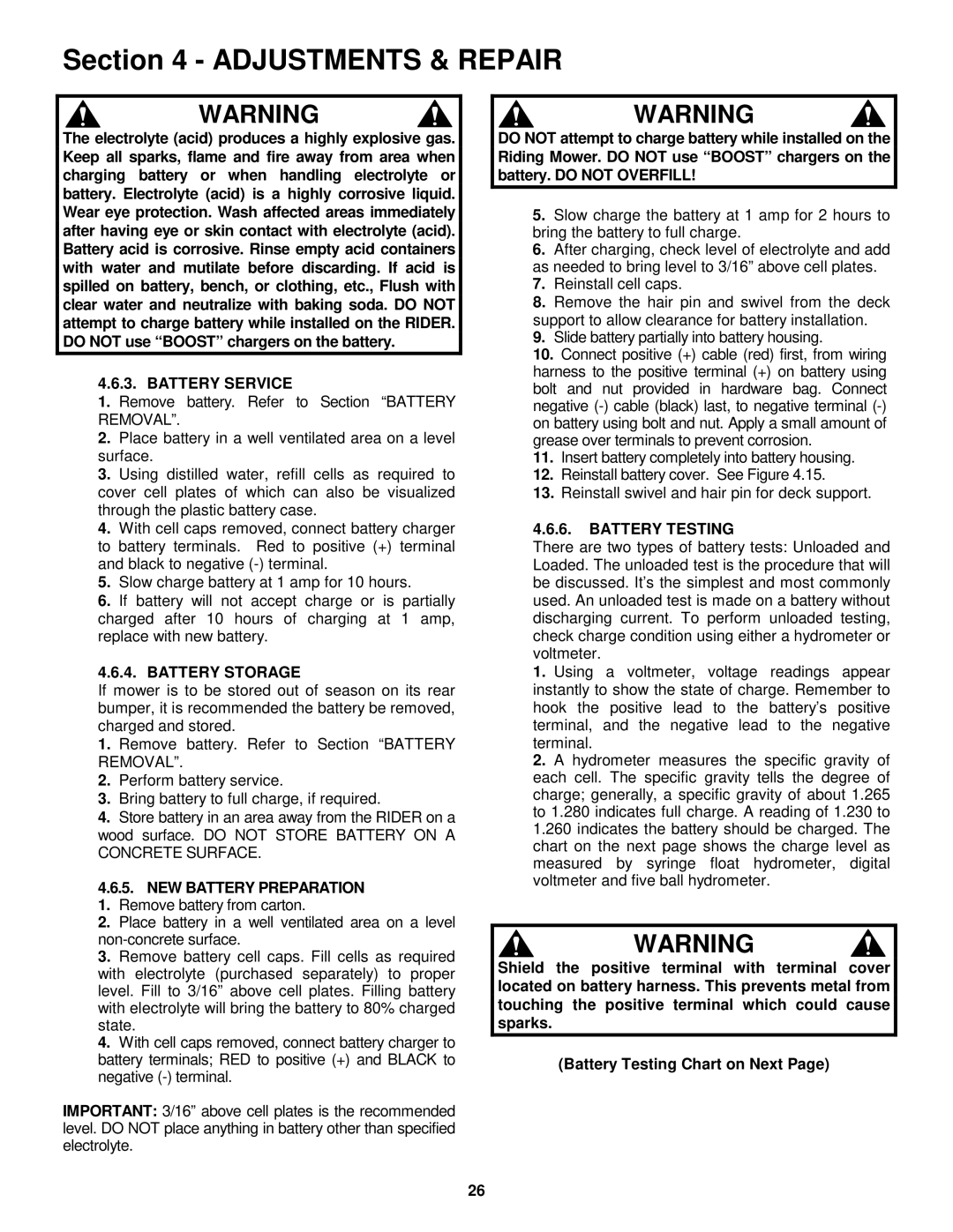 Snapper 301320BE, 281320BE, 3314520BVE, 331520KVE Battery Service, Battery Storage, Battery Testing 