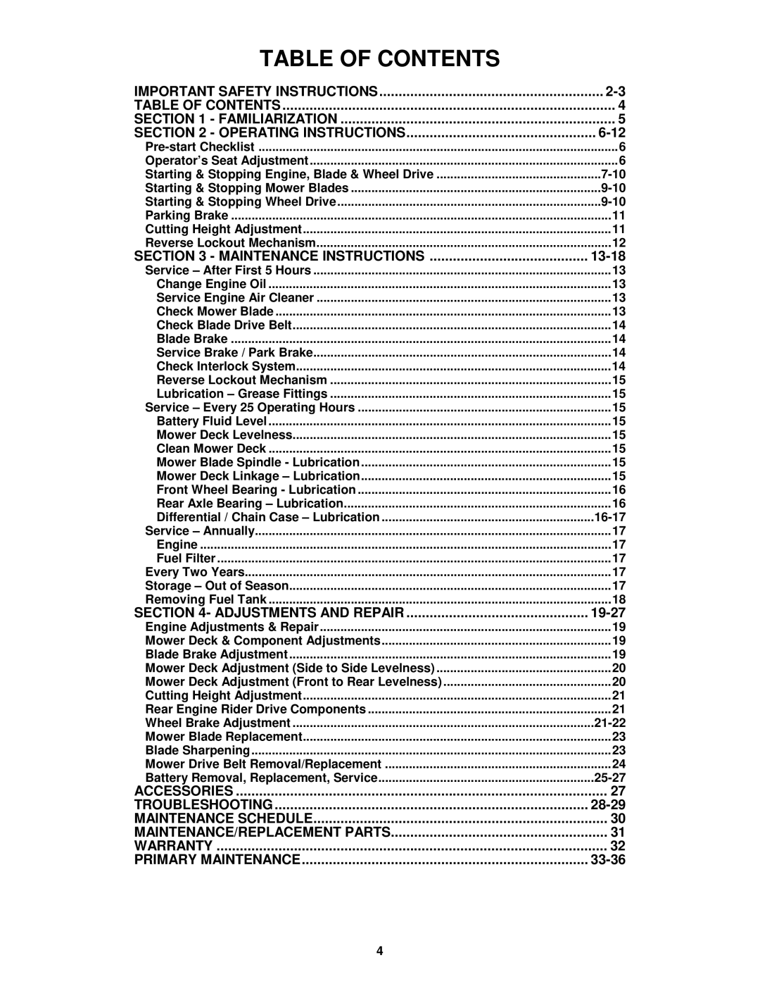 Snapper 281320BE, 301320BE, 3314520BVE, 331520KVE, 3314520BVE, 281320BE, 301320BE, 331520KVE Table of Contents 