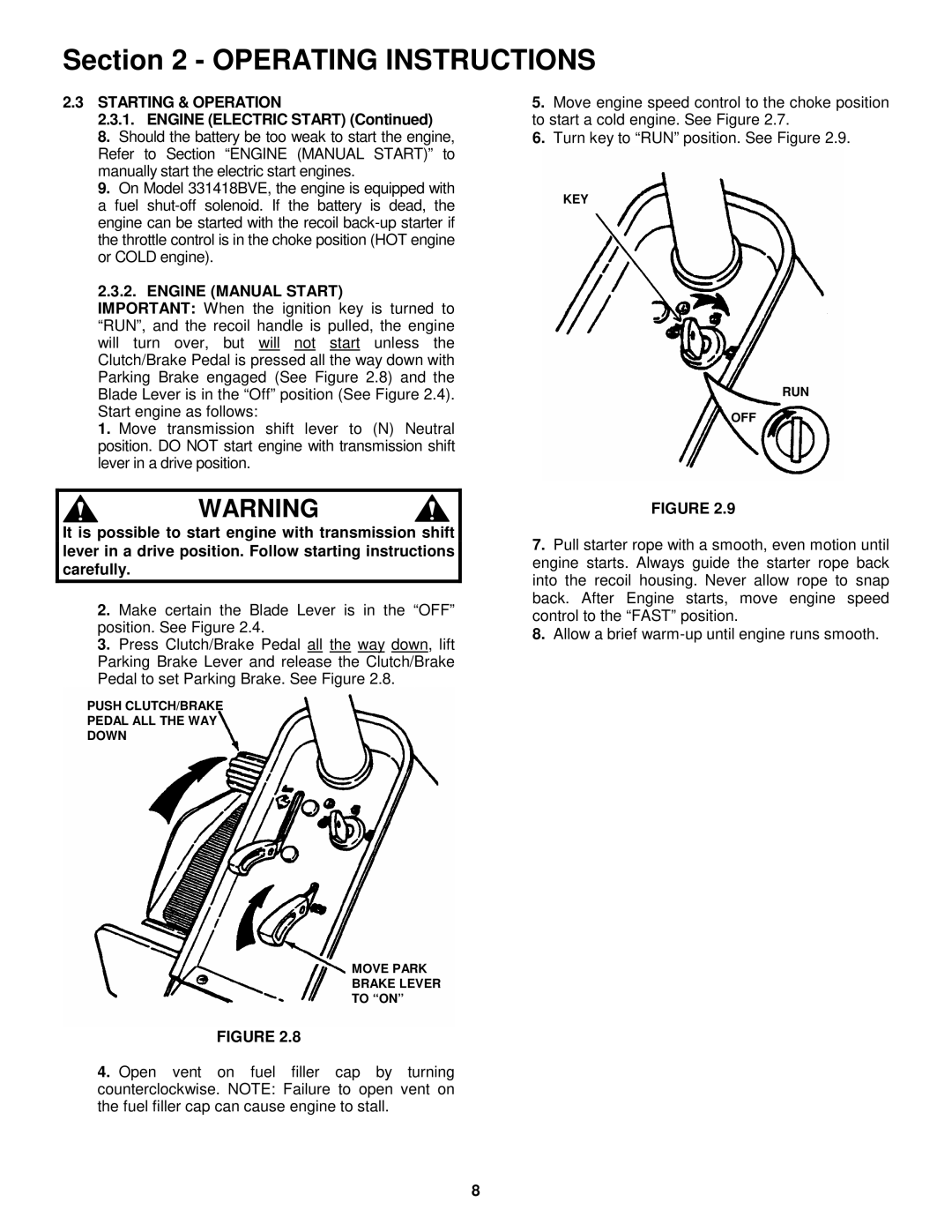 Snapper 301320BE, 281320BE, 3314520BVE, 331520KVE Starting & Operation, Engine Electric Start, Engine Manual Start 