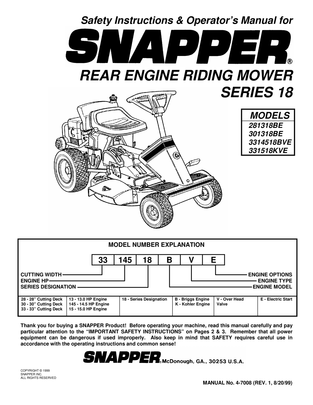 Snapper 3314518BVE, 331518KVE important safety instructions Rear Engine Riding Mower Series, Manual No -7008 REV , 8/20/99 