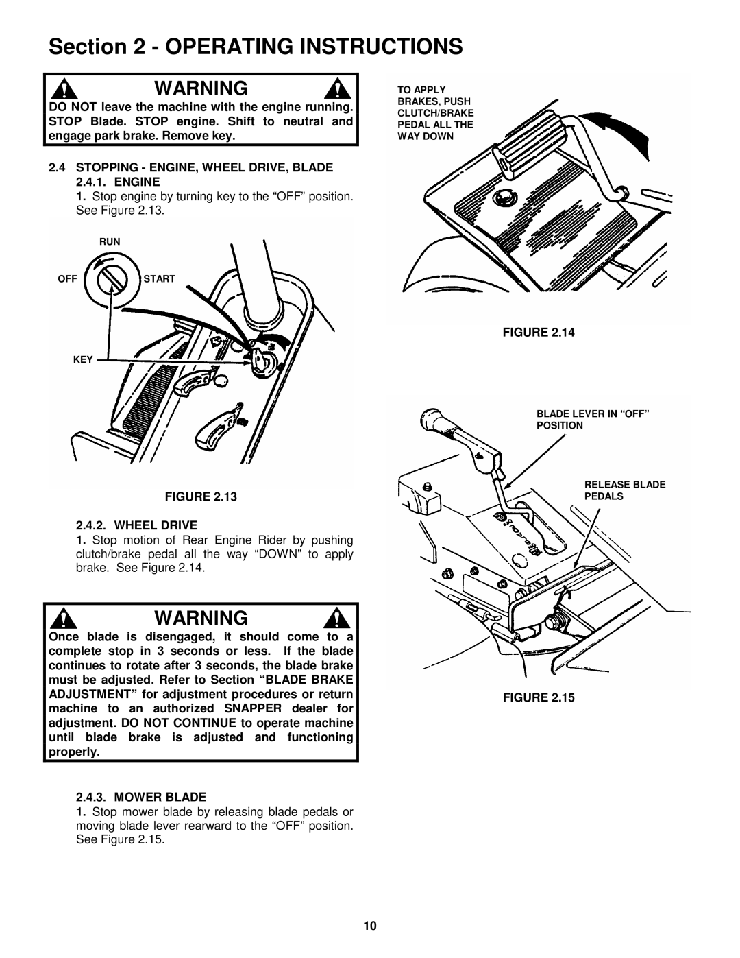 Snapper 281318BE, 331518KVE, 3314518BVE, 301318BE Stopping ENGINE, Wheel DRIVE, Blade 2.4.1. Engine, Mower Blade 