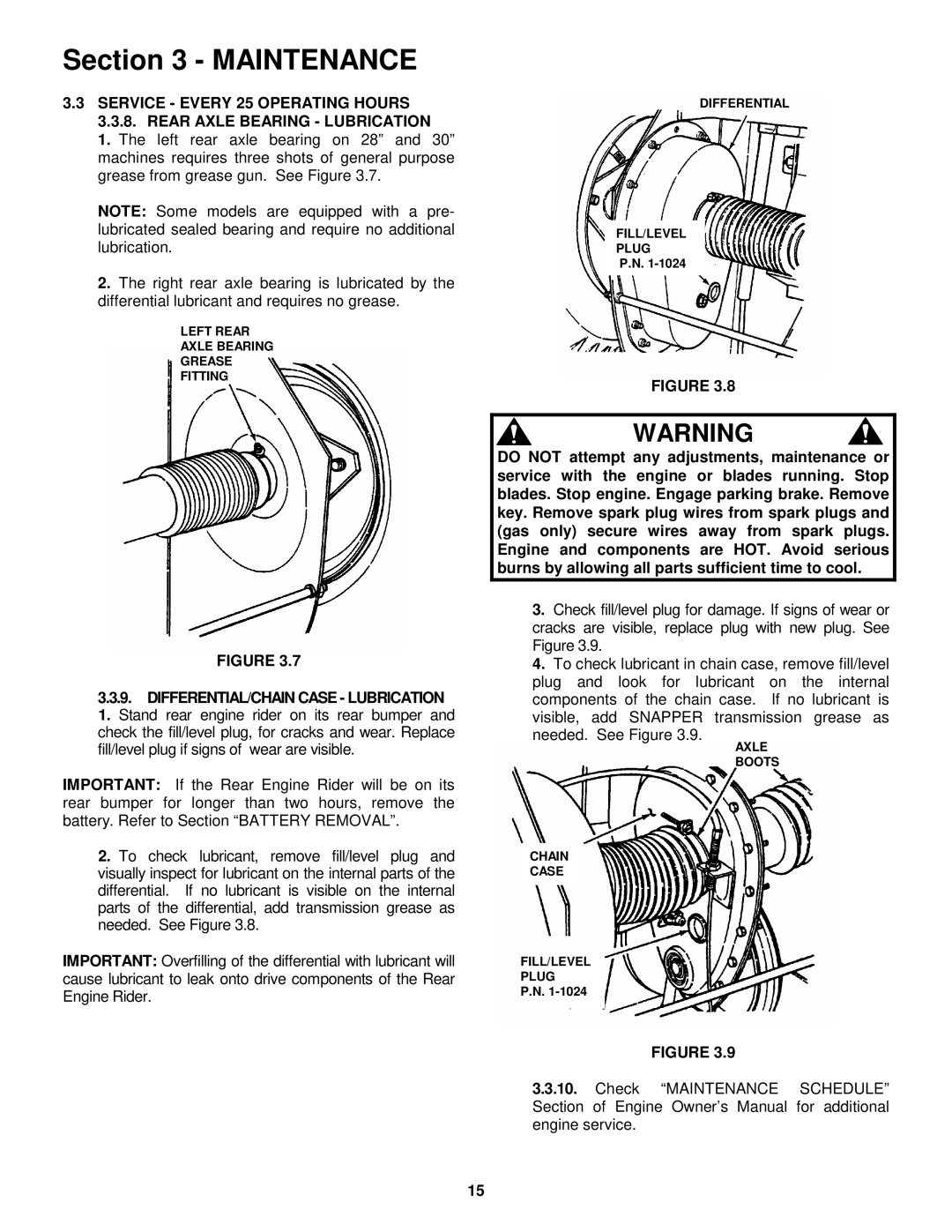 Snapper 301318BE, 331518KVE, 3314518BVE, 281318BE important safety instructions Left Rear Axle Bearing Grease Fitting 