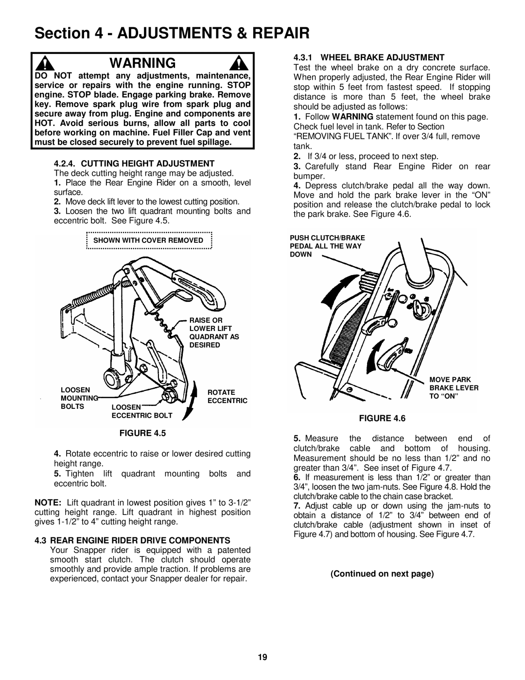 Snapper 301318BE, 331518KVE, 3314518BVE, 281318BE important safety instructions Wheel Brake Adjustment 