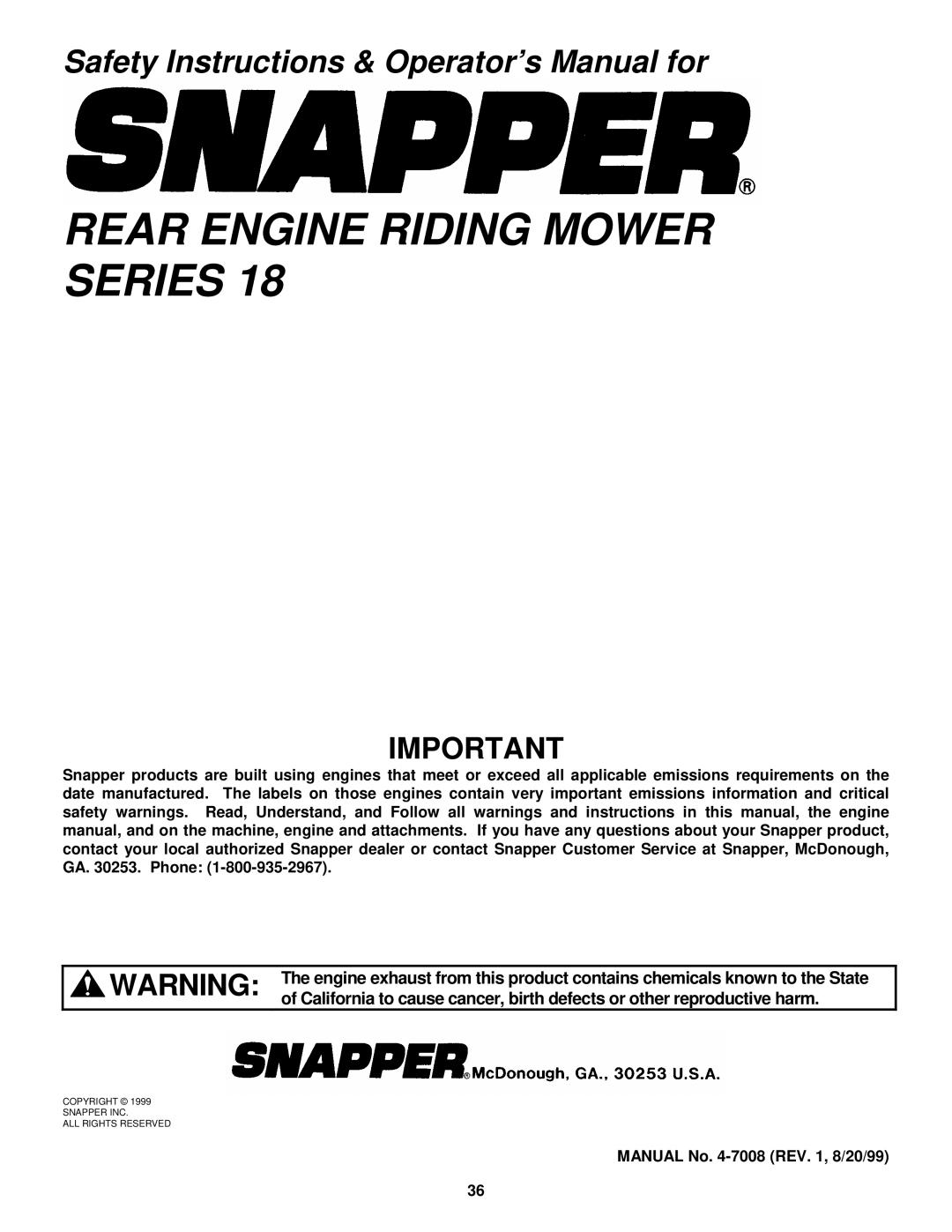 Snapper 331518KVE, 3314518BVE, 281318BE, 301318BE important safety instructions Rear Engine Riding Mower Series 