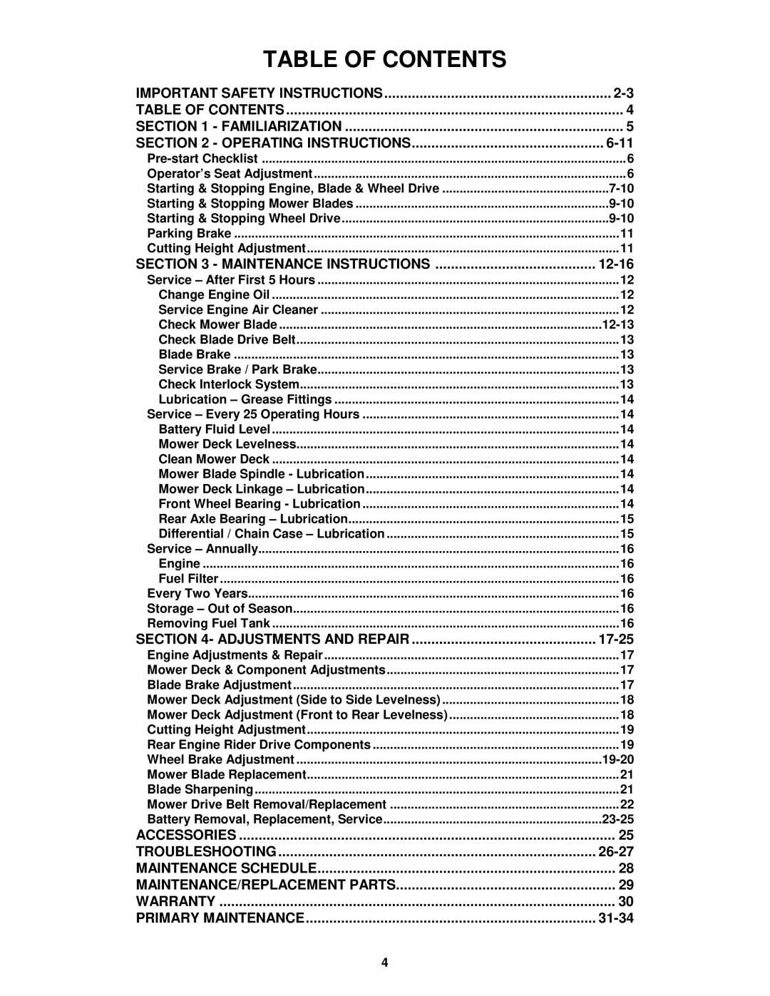 Snapper 331518KVE, 3314518BVE, 281318BE, 301318BE important safety instructions Table of Contents 