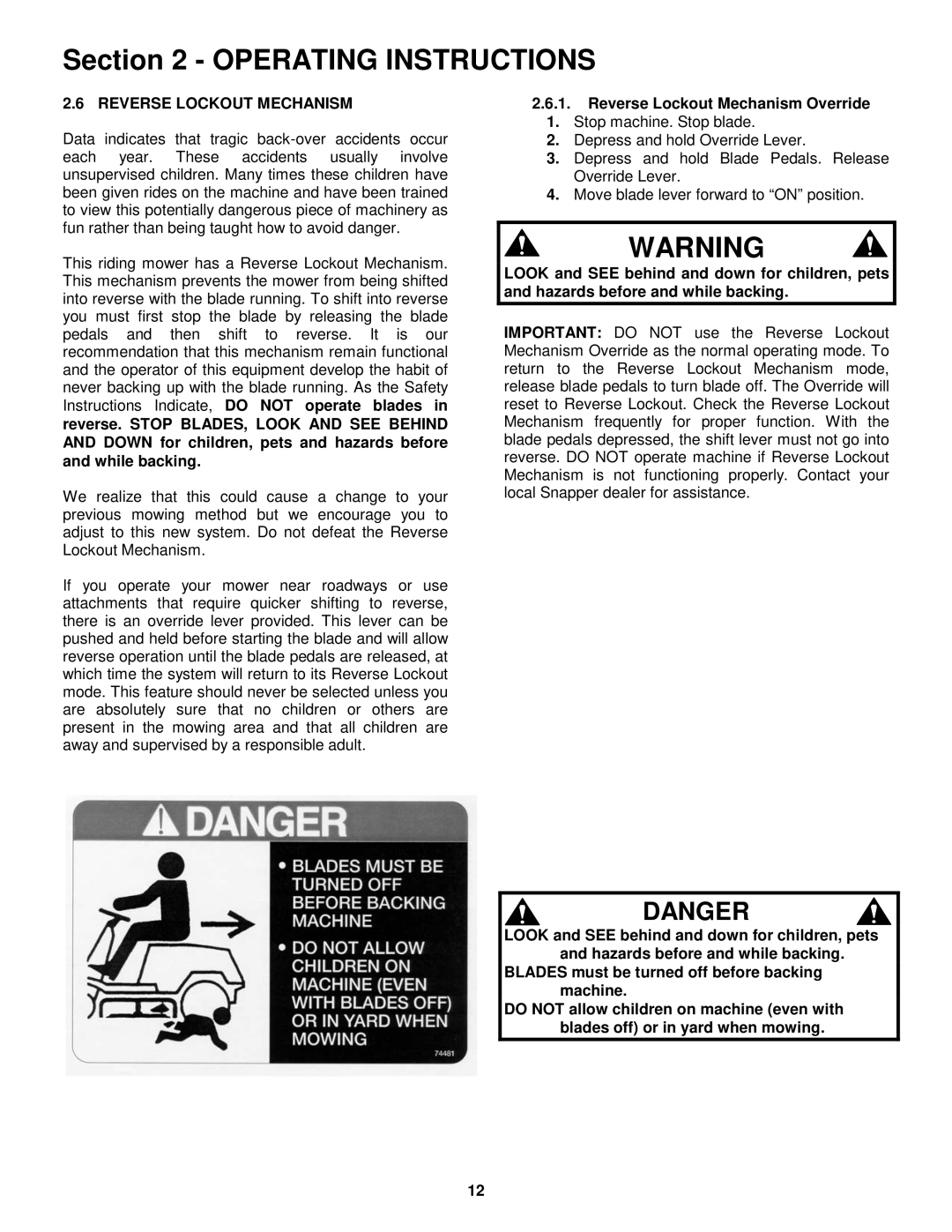 Snapper 331522KVE, 3314522BVE, 281222BE, 301222BE important safety instructions Reverse Lockout Mechanism Override 