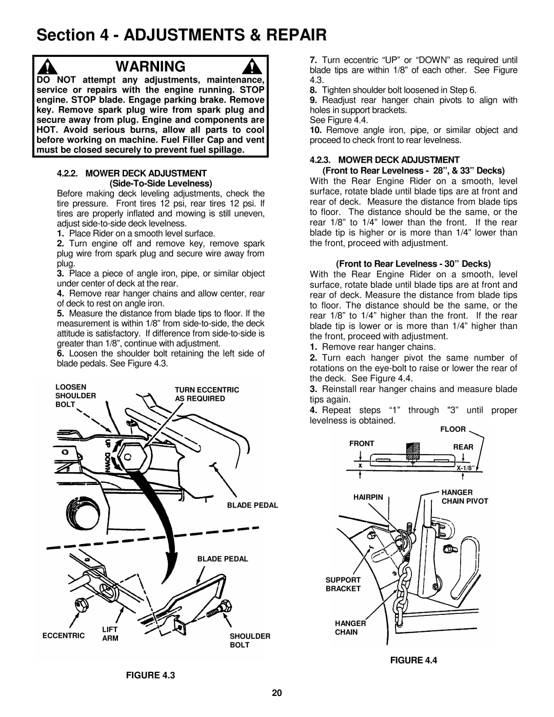 Snapper 331522KVE Mower Deck Adjustment, Front to Rear Levelness 28, & 33 Decks, Front to Rear Levelness 30 Decks 