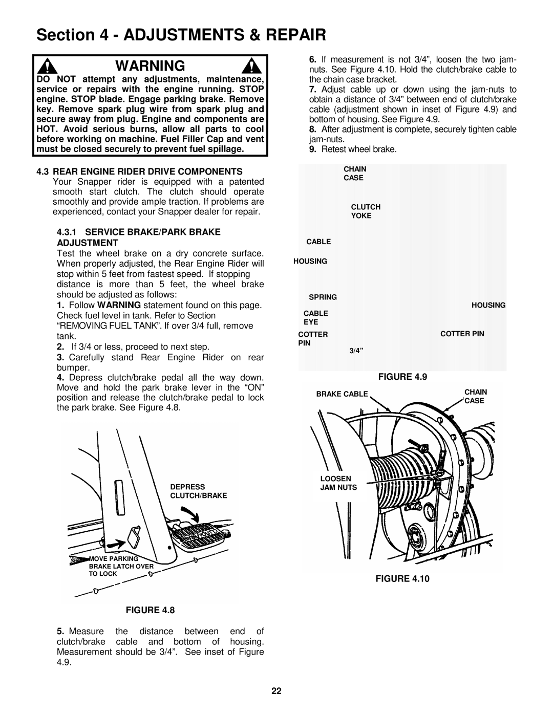 Snapper 281222BE, 331522KVE, 3314522BVE, 301222BE important safety instructions Service BRAKE/PARK Brake Adjustment 