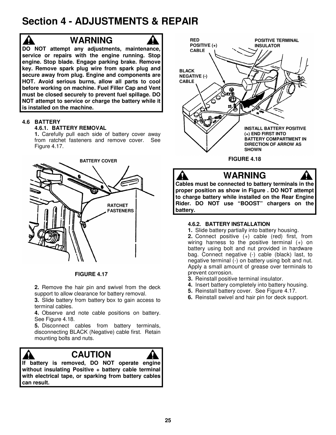 Snapper 3314522BVE, 331522KVE, 281222BE, 301222BE important safety instructions Battery Battery Removal, Battery Installation 