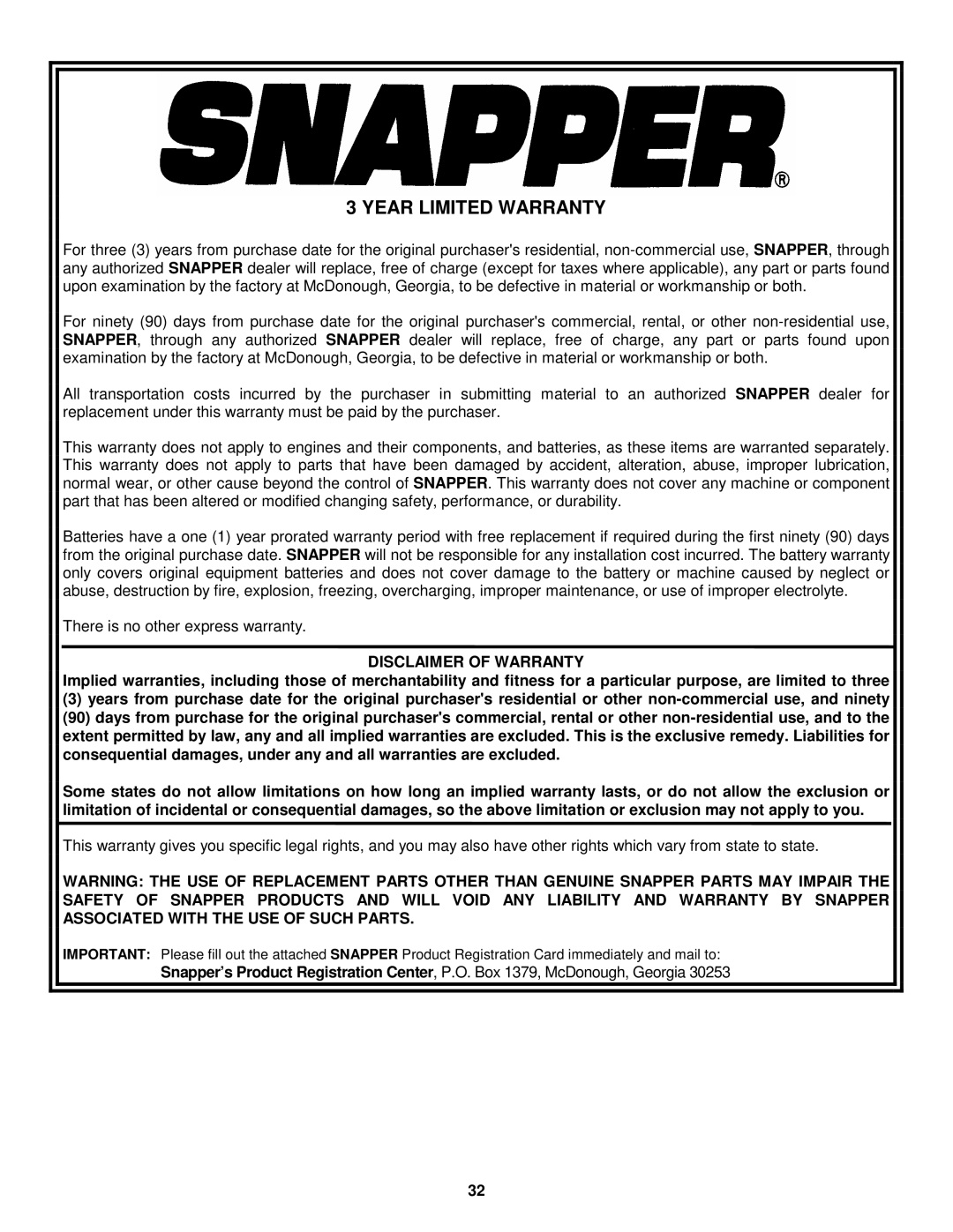 Snapper 331522KVE, 3314522BVE, 281222BE, 301222BE important safety instructions Year Limited Warranty, Disclaimer of Warranty 