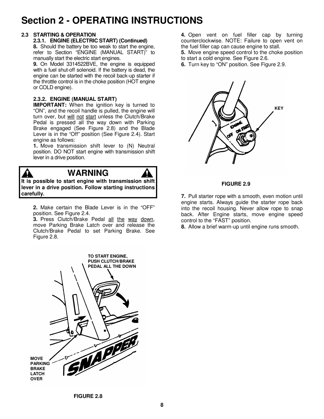 Snapper 331522KVE, 3314522BVE, 281222BE, 301222BE Starting & Operation, Engine Electric Start, Engine Manual Start 