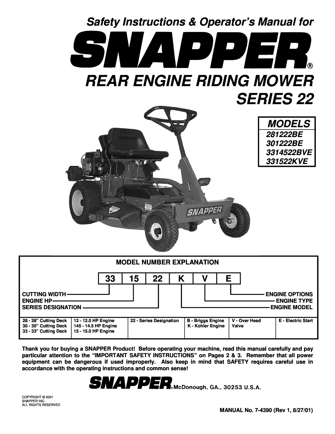 Snapper 3314522BVE important safety instructions Rear Engine Riding Mower Series, Models, Model Number Explanation 