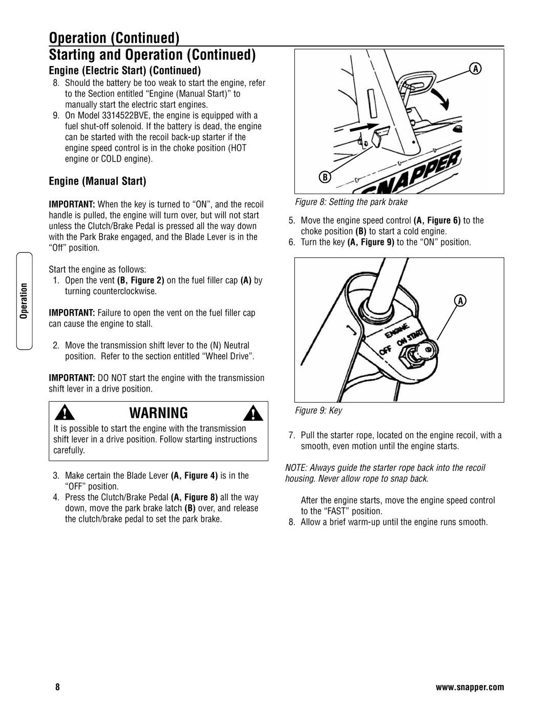 Snapper 3317523BVE specifications Engine Manual Start, Setting the park brake 