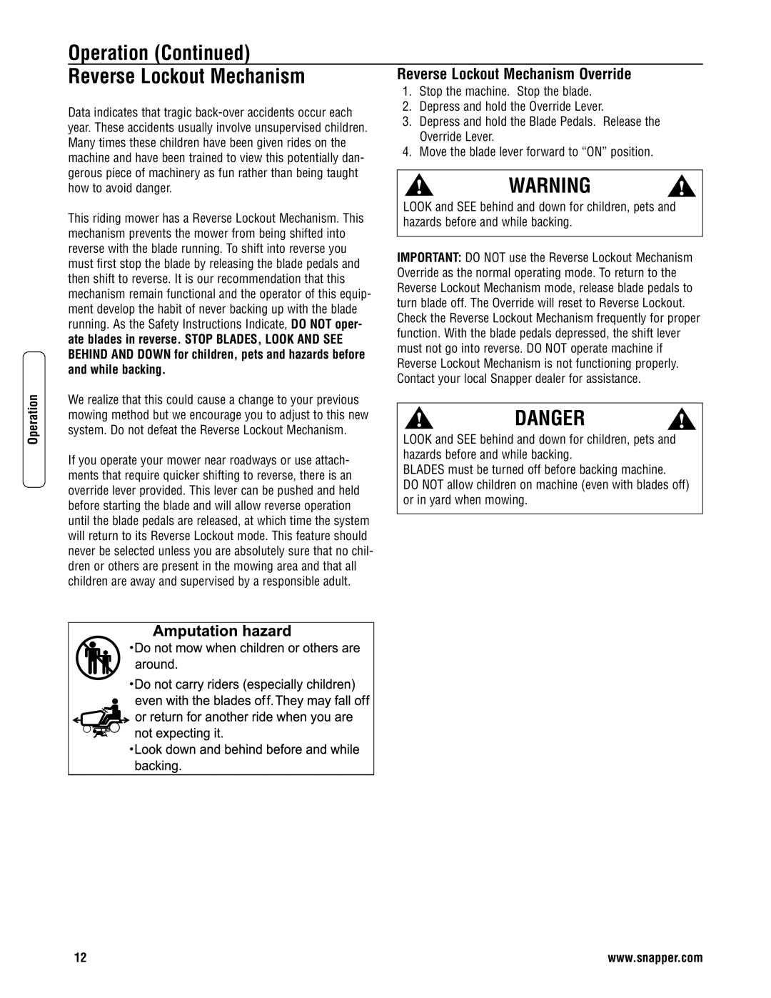 Snapper 3317523BVE specifications Operation Reverse Lockout Mechanism, Reverse Lockout Mechanism Override, While backing 