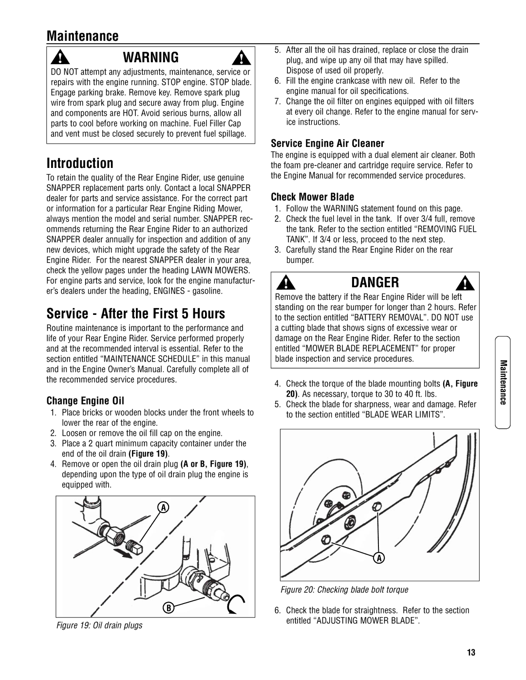 Snapper 3317523BVE specifications Maintenance, Introduction, Service After the First 5 Hours 