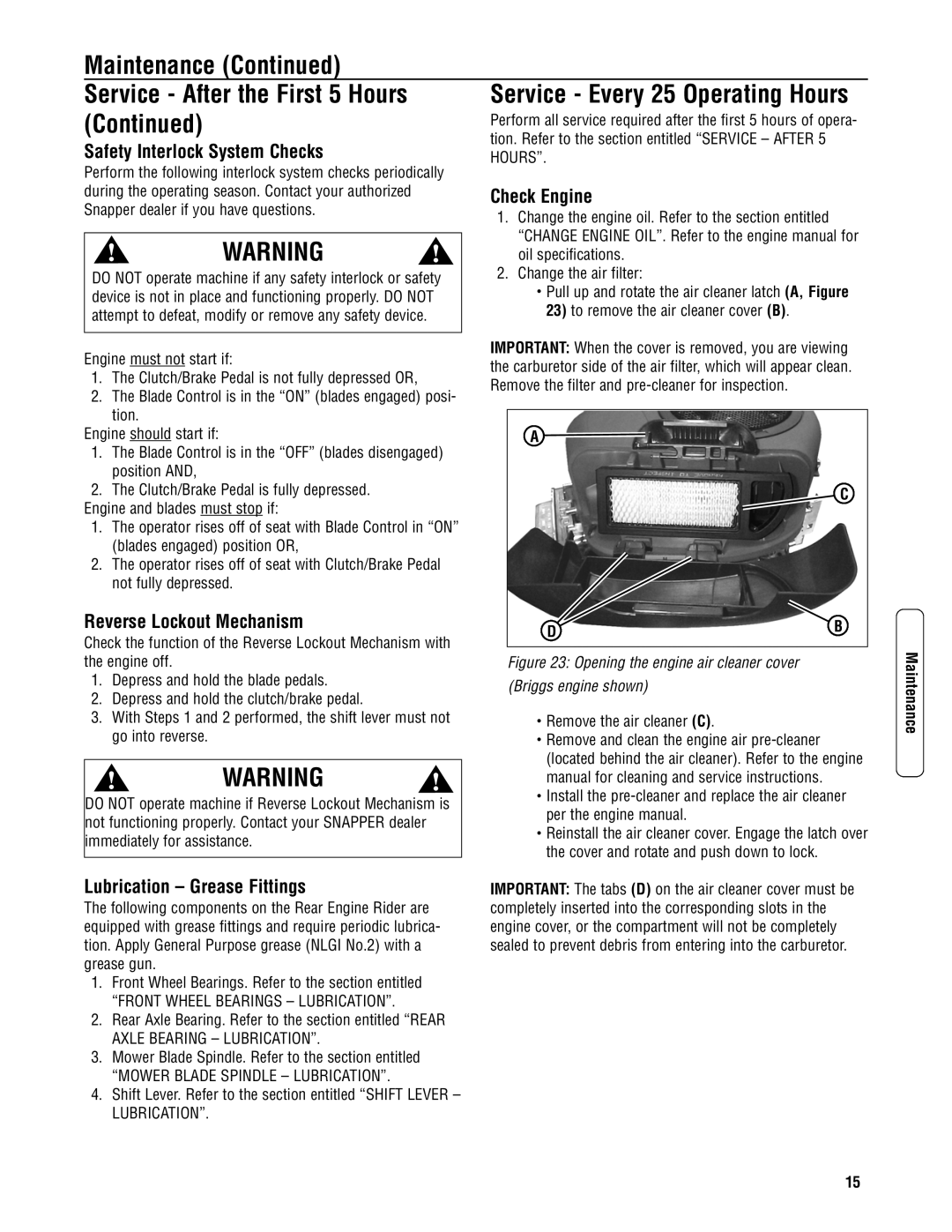 Snapper 3317523BVE Safety Interlock System Checks, Check Engine, Reverse Lockout Mechanism, Lubrication Grease Fittings 