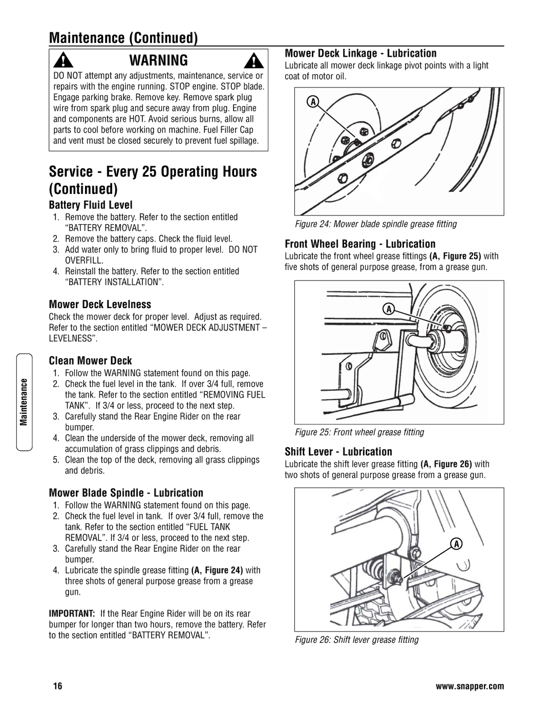 Snapper 3317523BVE specifications Service Every 25 Operating Hours 