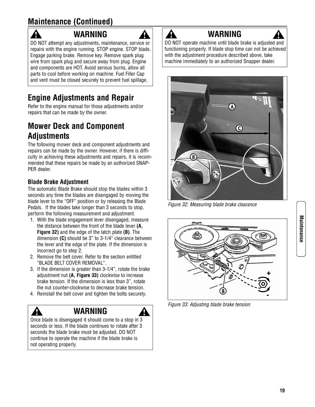 Snapper 3317523BVE Engine Adjustments and Repair, Mower Deck and Component Adjustments, Blade Brake Adjustment 