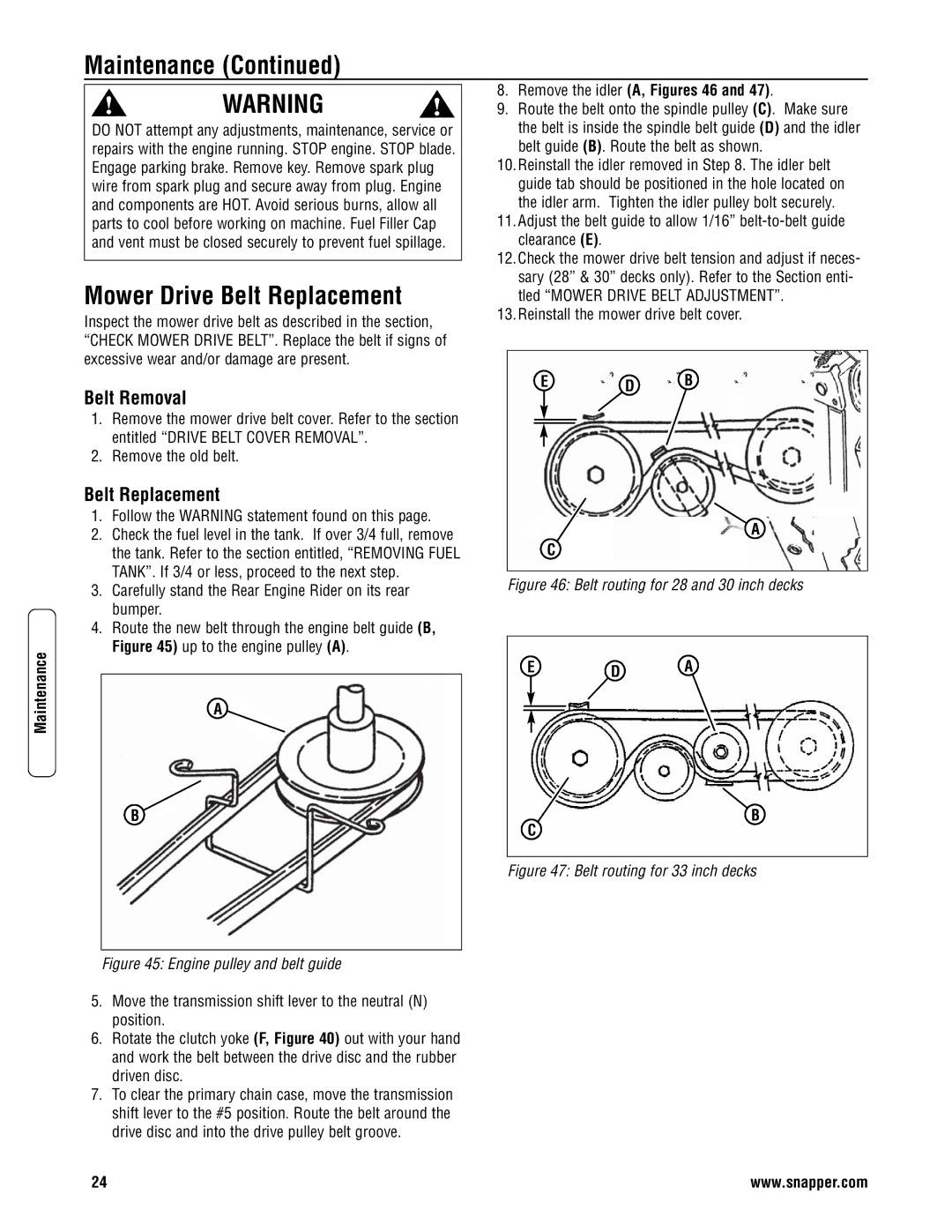 Snapper 3317523BVE Belt Removal, Belt Replacement, Remove the idler A, Figures 46, Tled Mower Drive Belt Adjustment 