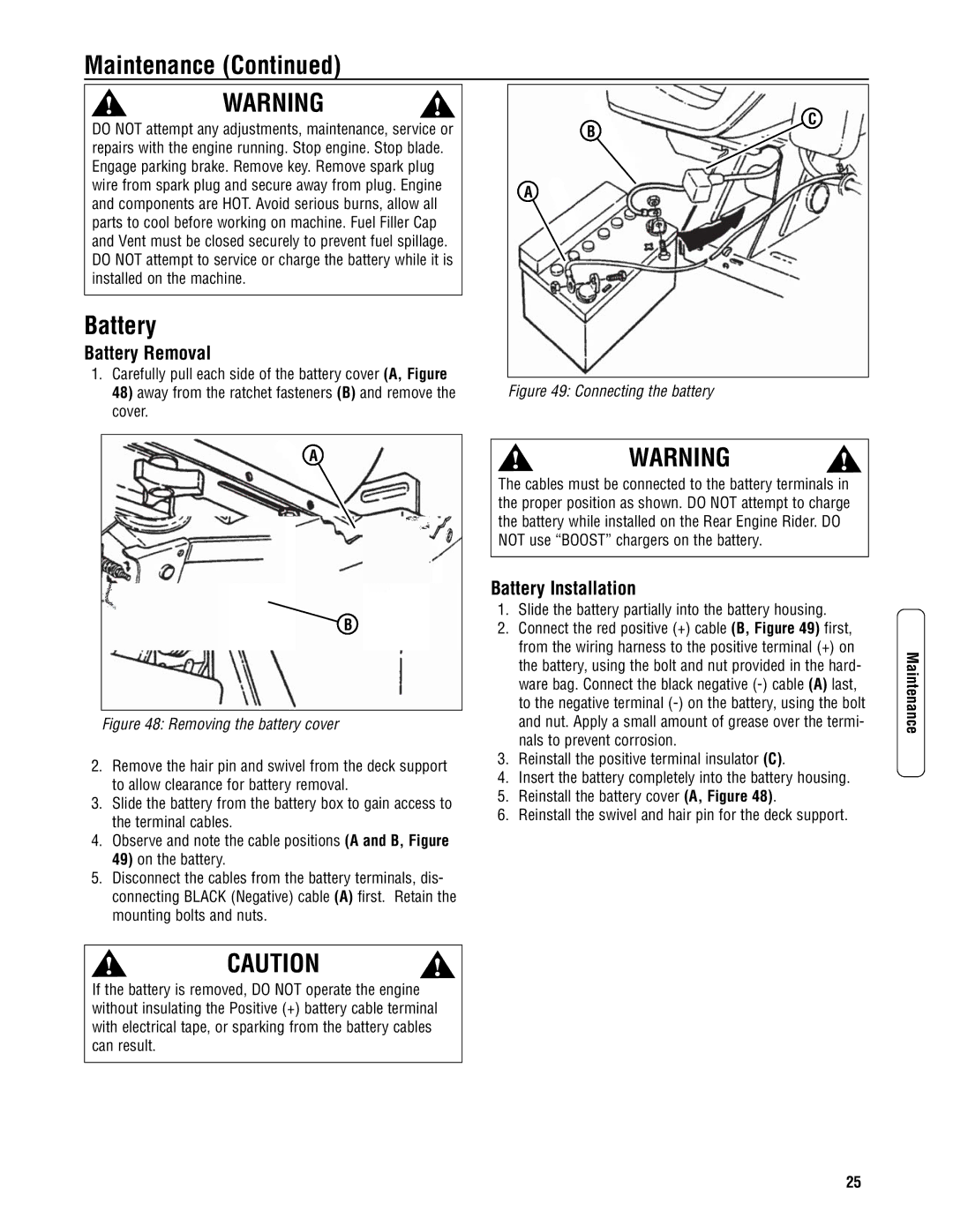 Snapper 3317523BVE Battery Removal, Battery Installation, Slide the battery partially into the battery housing 