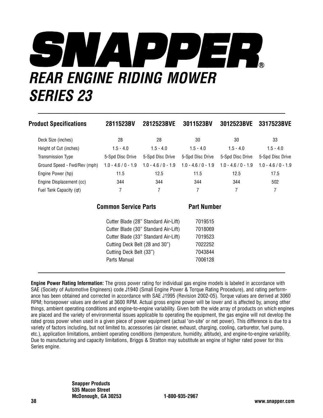 Snapper 3317523BVE Product Specifications 2811523BV, Common Service Parts, Snapper Products Macon Street McDonough, GA 