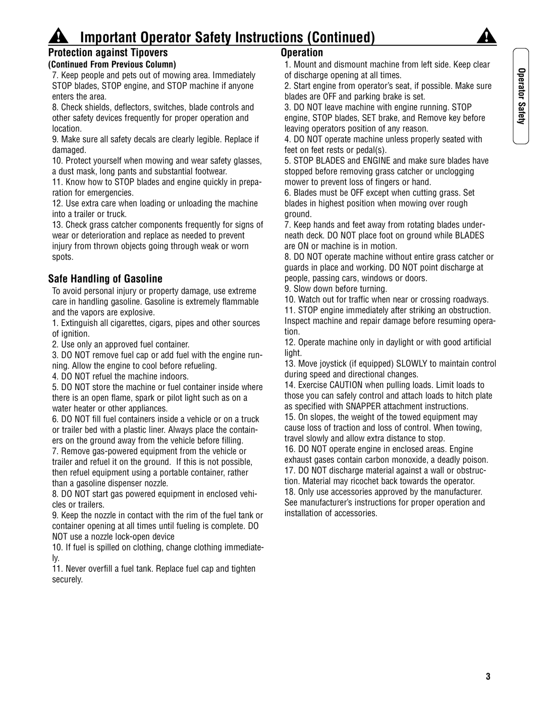 Snapper 3317523BVE specifications Safe Handling of Gasoline, Operation 