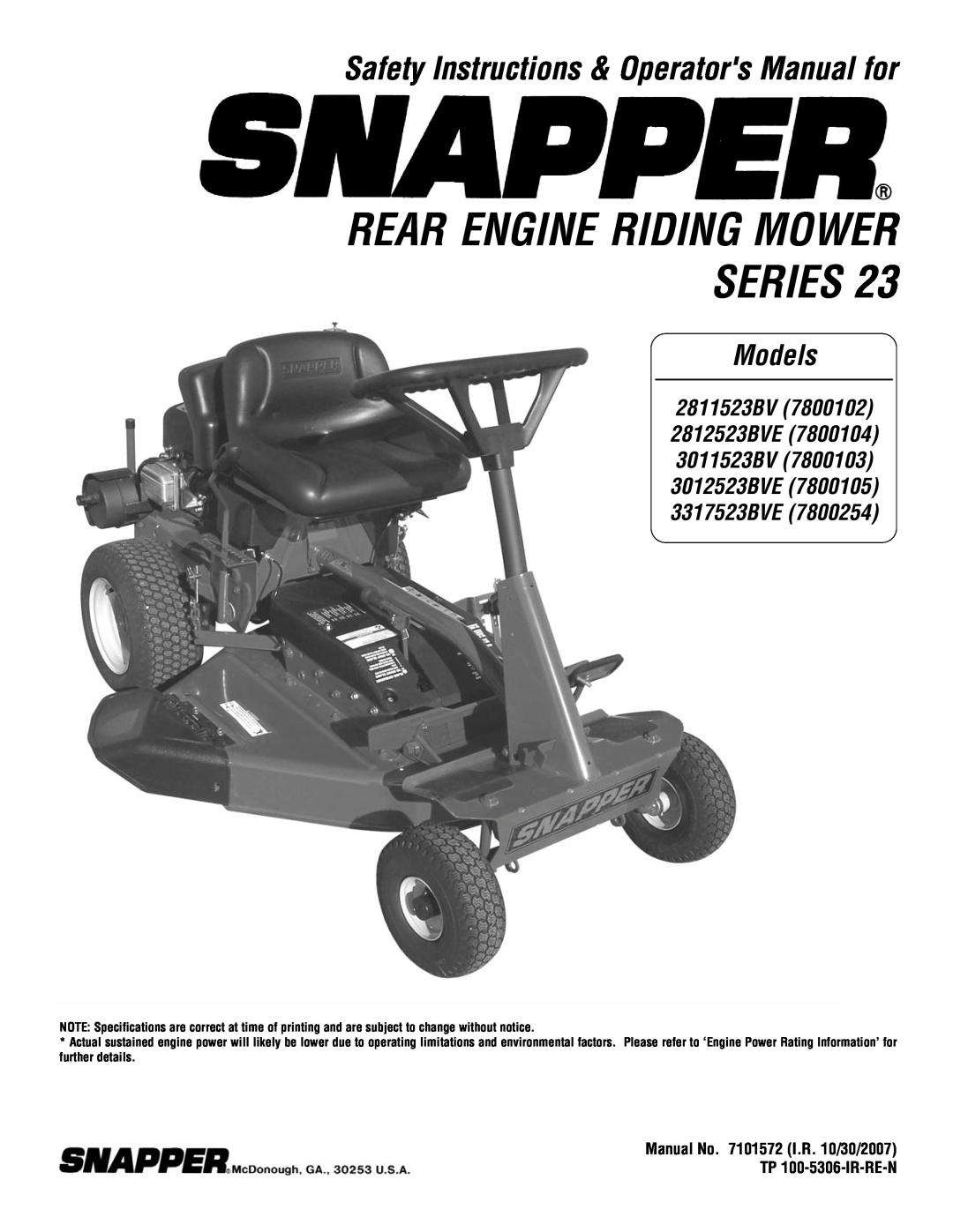 Snapper 3317523BVE specifications Series, Rear Engine Riding Mower, Safety Instructions & Operators Manual for, Models 
