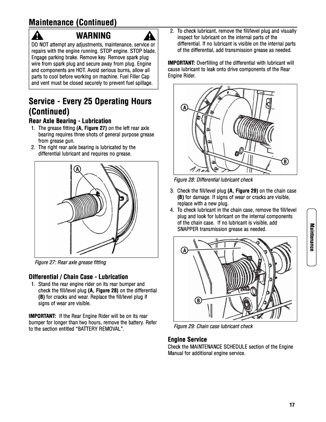 Snapper 3317523BVE Service - Every 25 Operating Hours, Rear Axle Bearing - Lubrication, Engine Service, Continued 