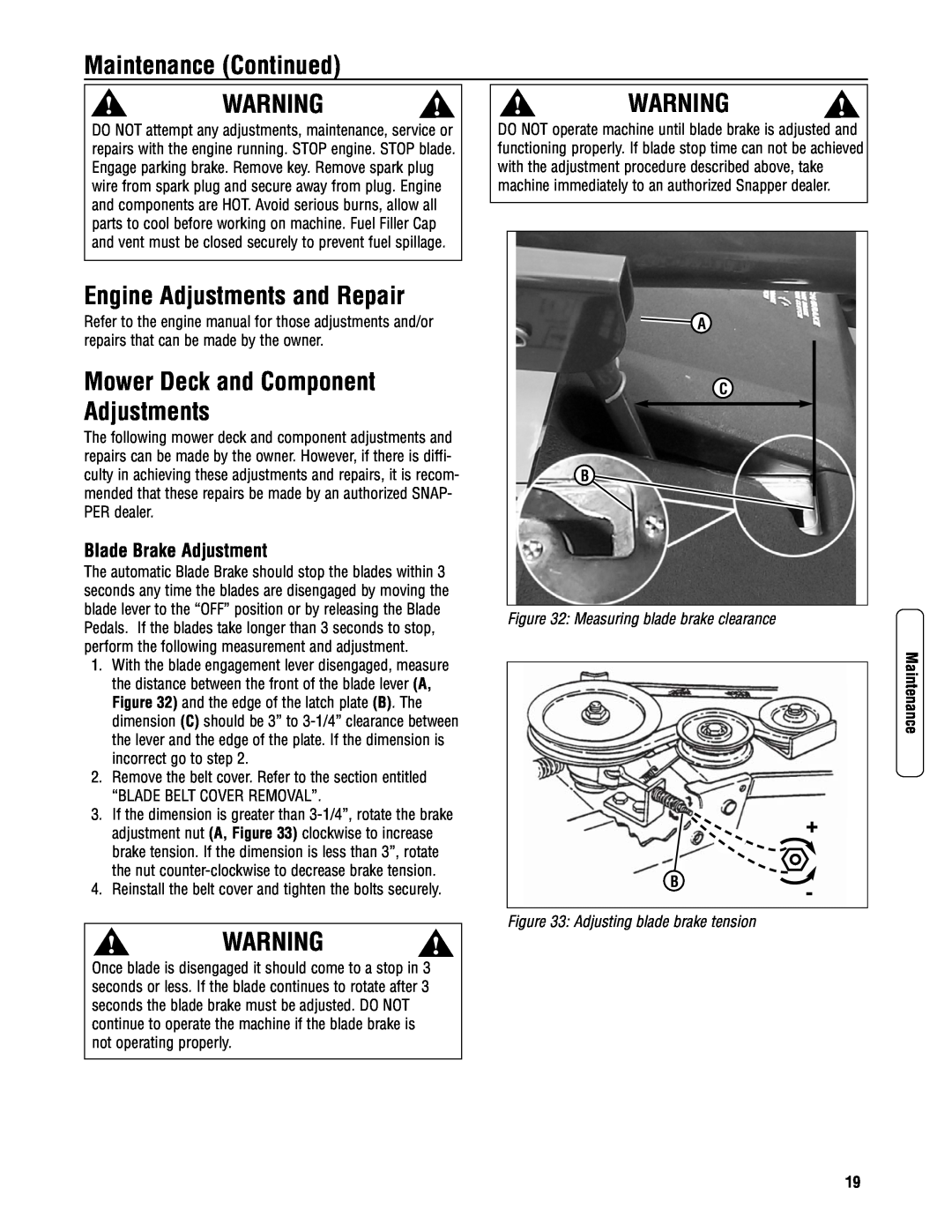 Snapper 3317523BVE Engine Adjustments and Repair, Mower Deck and Component Adjustments, Blade Brake Adjustment 