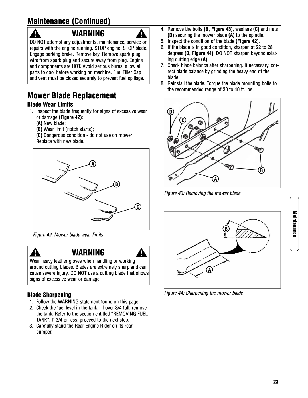 Snapper 3317523BVE Mower Blade Replacement, Blade Wear Limits, Removing the mower blade, Mower blade wear limits 