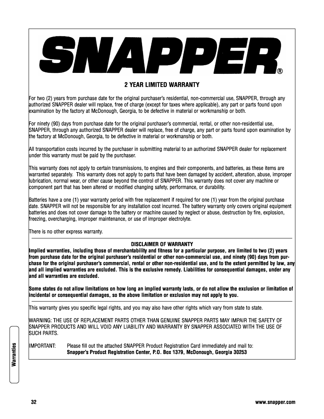Snapper 3317523BVE specifications Year Limited Warranty, Warranties, Disclaimer Of Warranty 