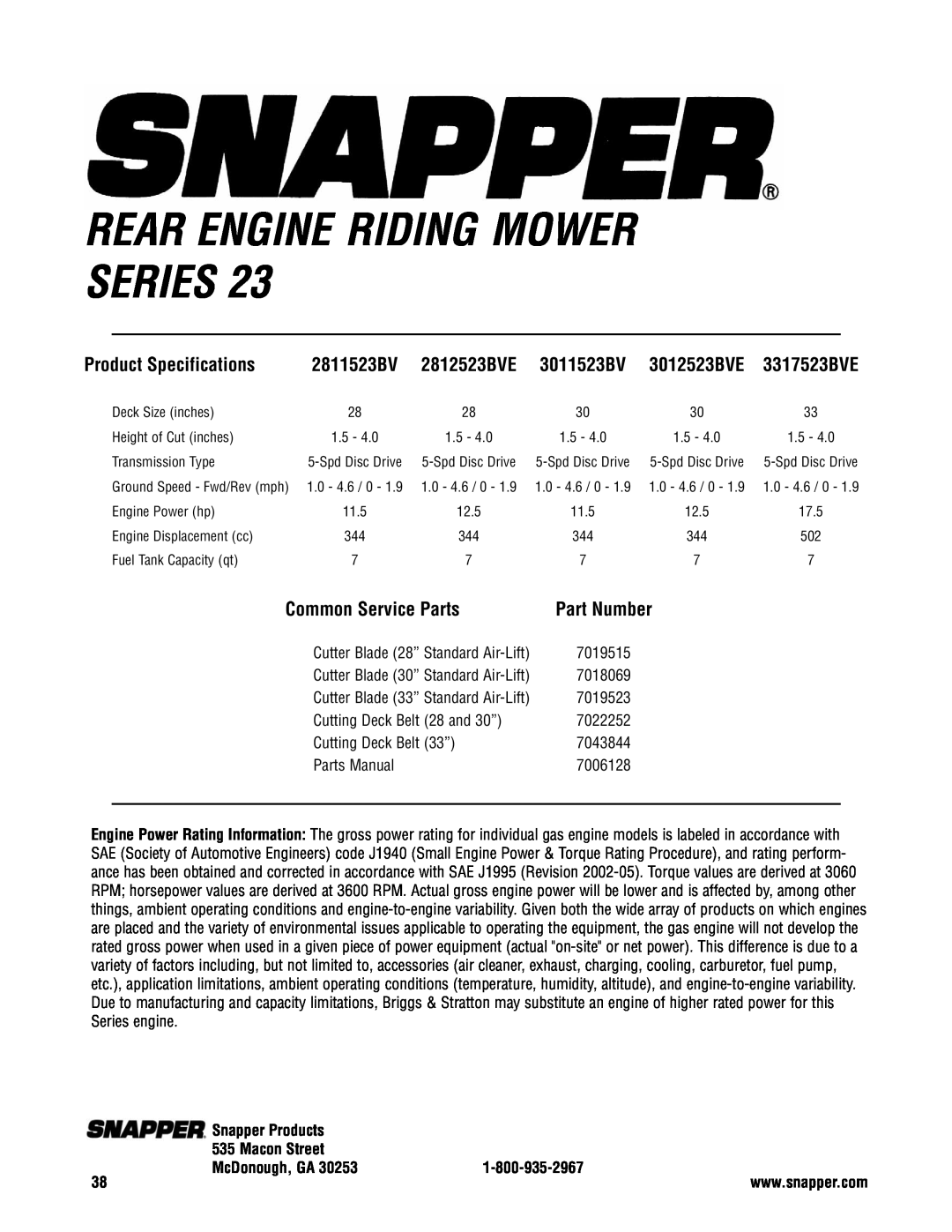 Snapper 3317523BVE Rear Engine Riding Mower Series, Product Specifications, 2811523BV, Common Service Parts, 2812523BVE 
