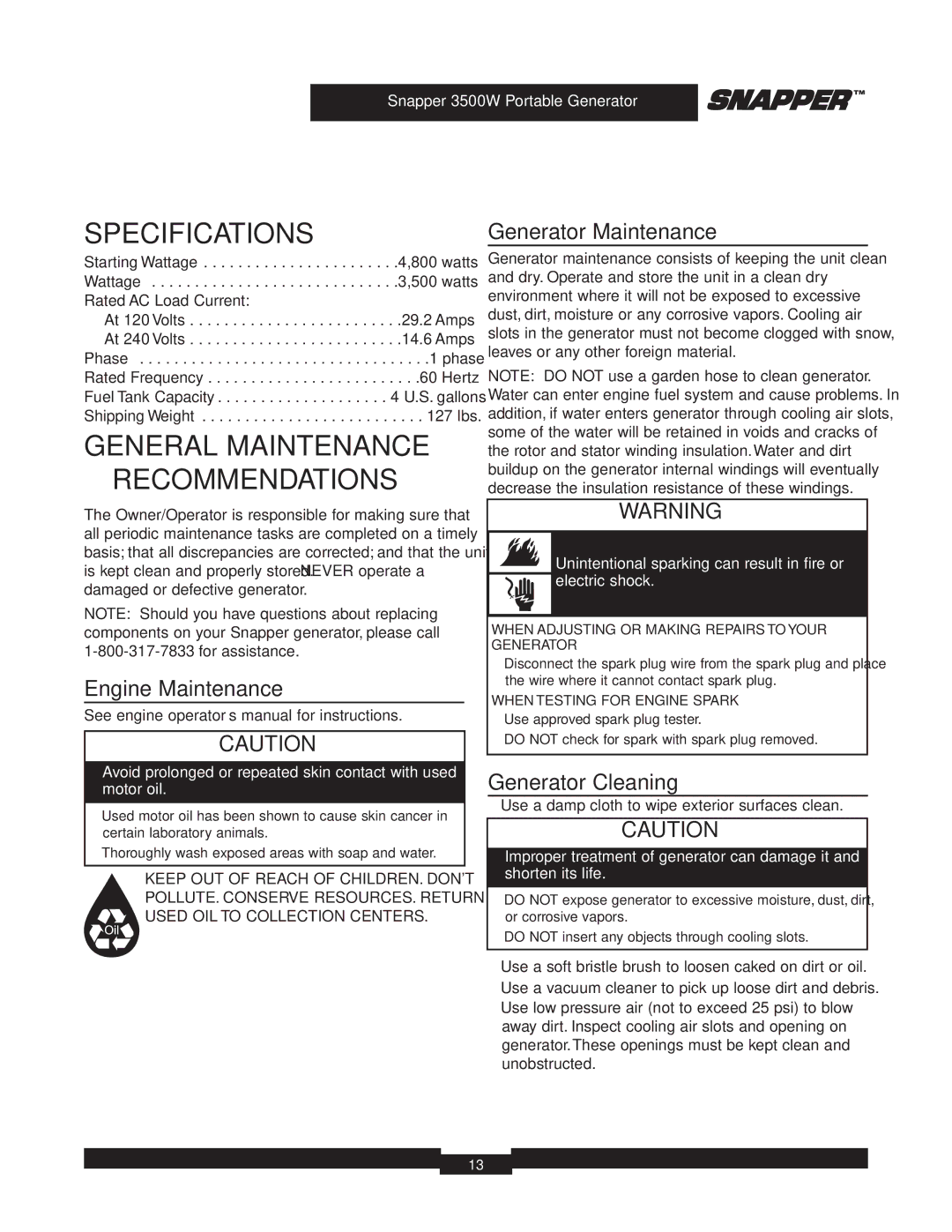 Snapper 3500 manual Specifications, General Maintenance Recommendations, Engine Maintenance, Generator Maintenance 