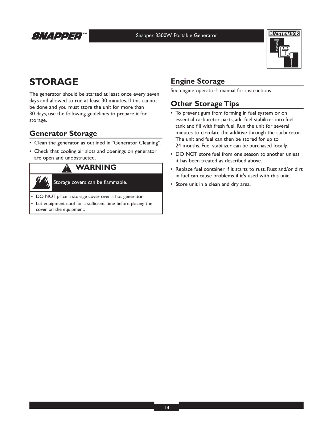 Snapper 3500 manual Generator Storage, Engine Storage, Other Storage Tips 