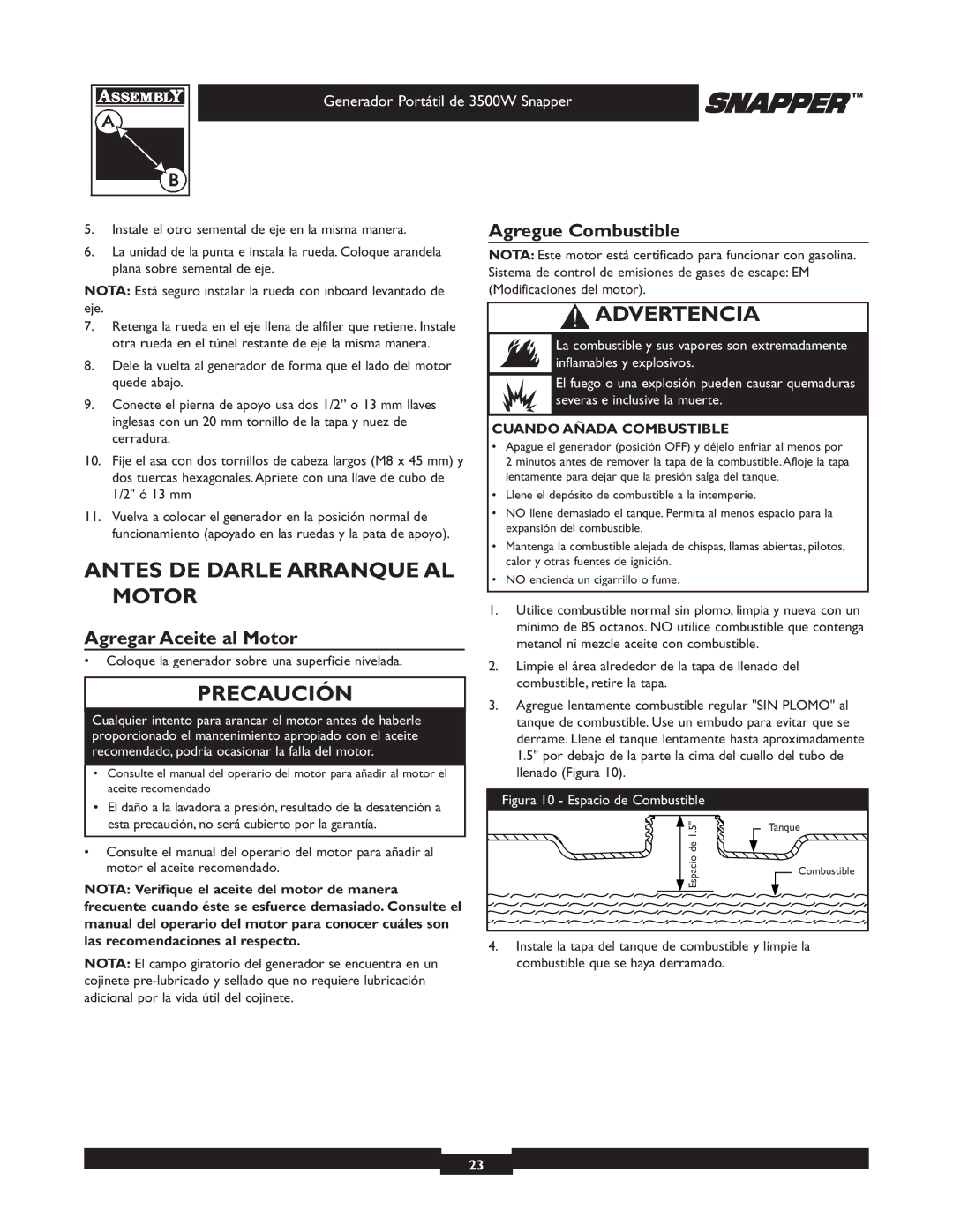 Snapper 3500 Antes DE Darle Arranque AL Motor, Agregar Aceite al Motor, Agregue Combustible, Cuando Añada Combustible 