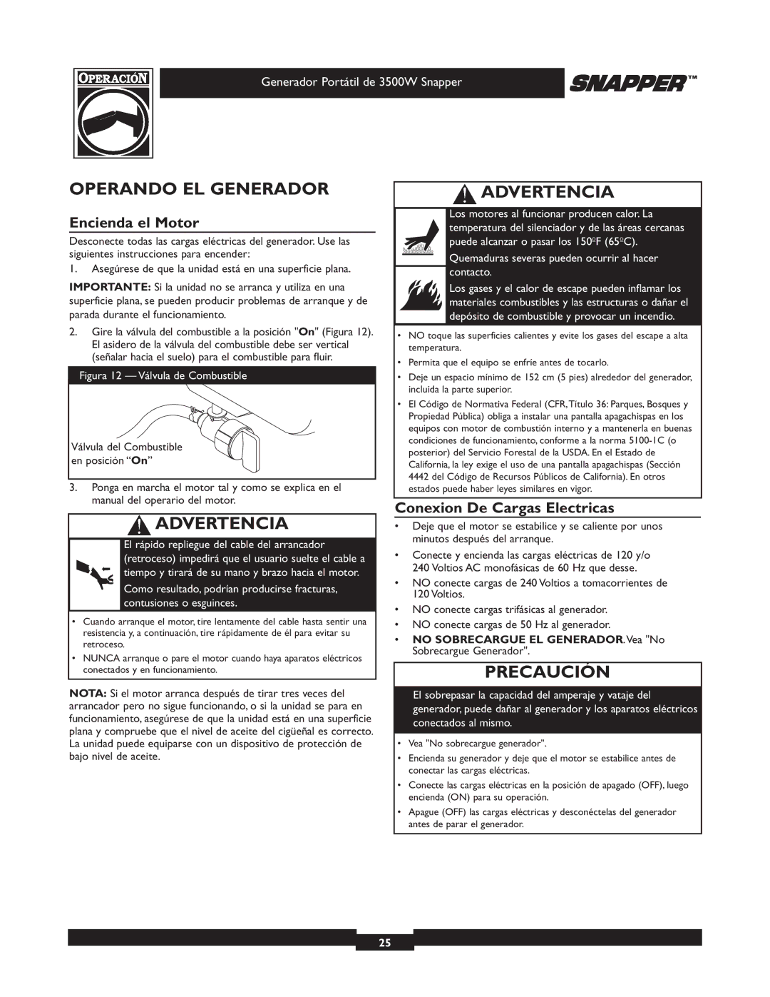 Snapper 3500 manual Operando EL Generador, Encienda el Motor, Conexion De Cargas Electricas 