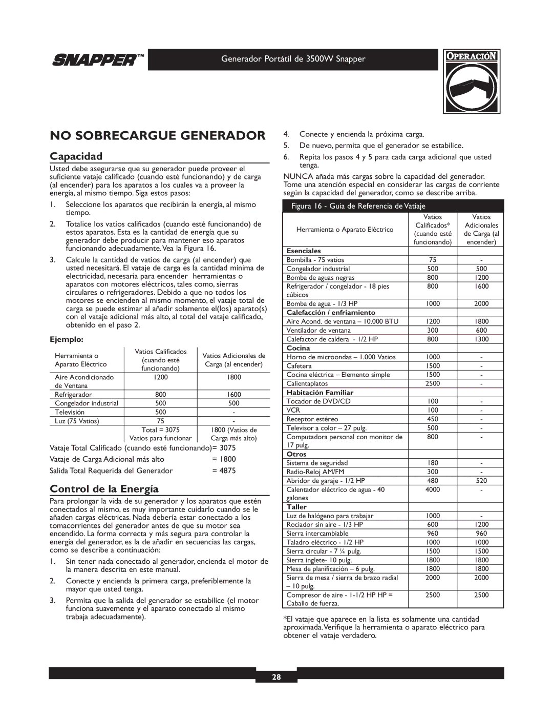 Snapper 3500 manual No Sobrecargue Generador, Capacidad, Control de la Energía, Ejemplo 