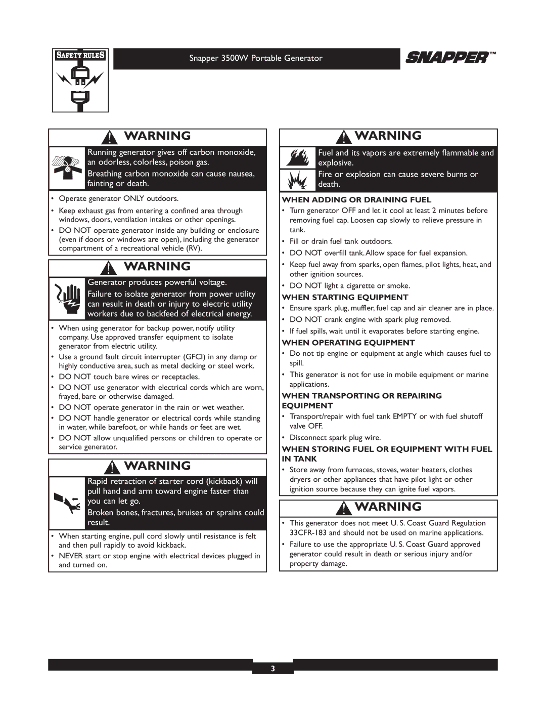 Snapper 3500 manual When Adding or Draining Fuel, When Starting Equipment, When Operating Equipment 