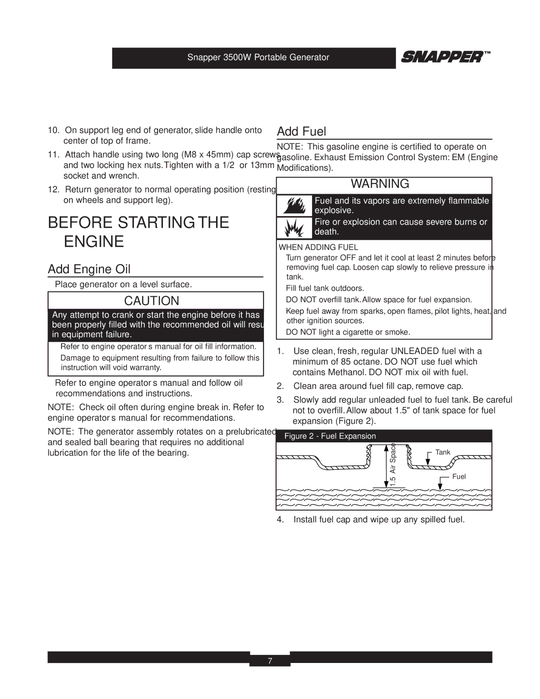 Snapper 3500 manual Before Starting Engine, Add Engine Oil, Add Fuel, When Adding Fuel 