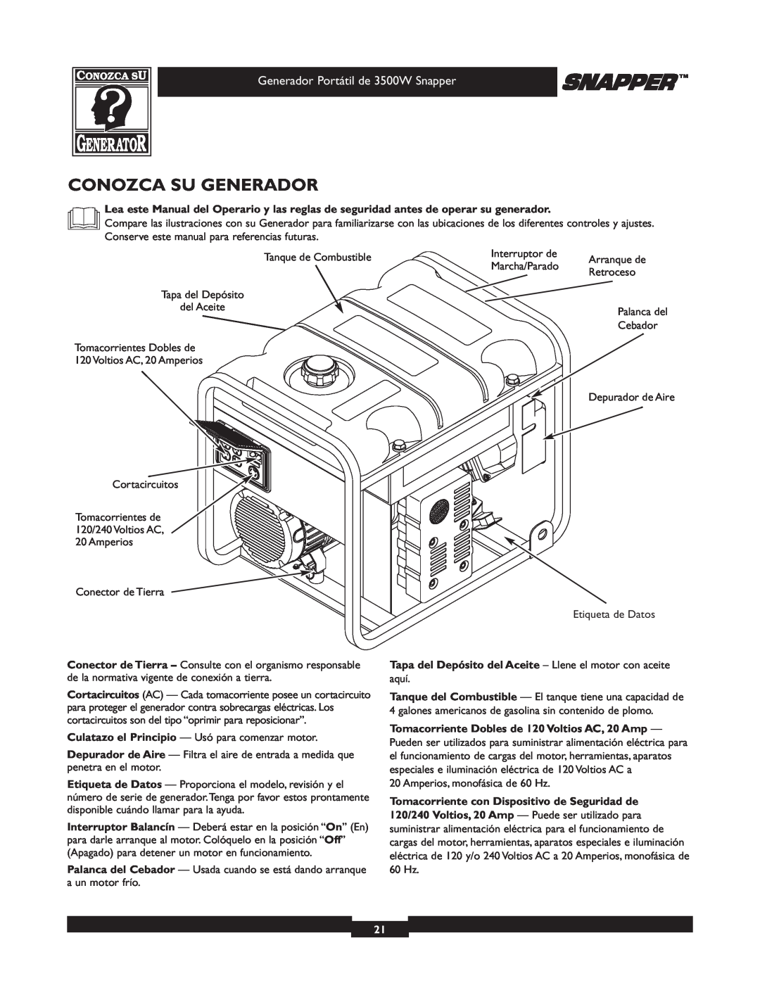 Snapper manual Conozca Su Generador, Generador Portátil de 3500W Snapper, Tomacorriente Dobles de 120 Voltios AC, 20 Amp 