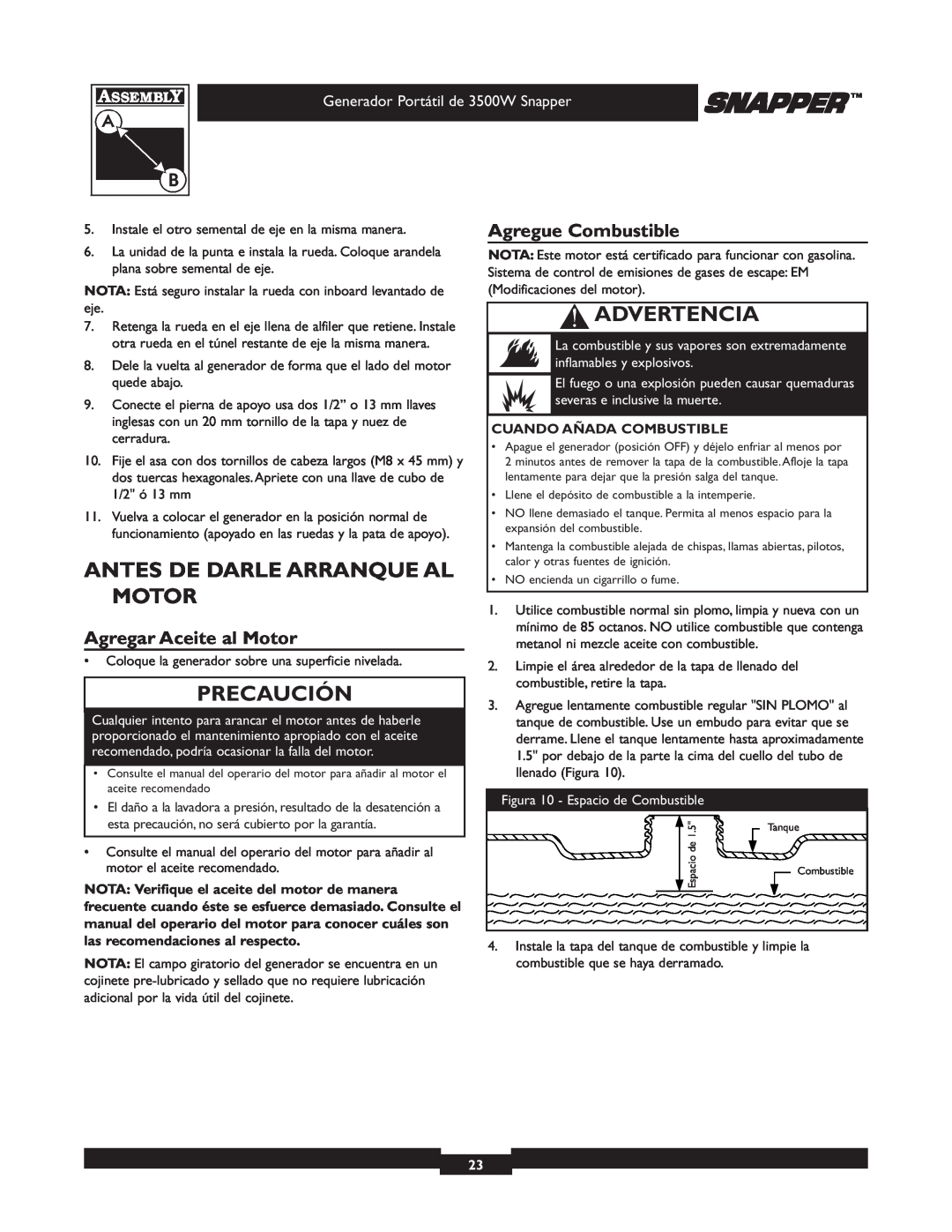 Snapper 3500 manual Antes De Darle Arranque Al Motor, Agregar Aceite al Motor, Agregue Combustible, Precaución, Advertencia 