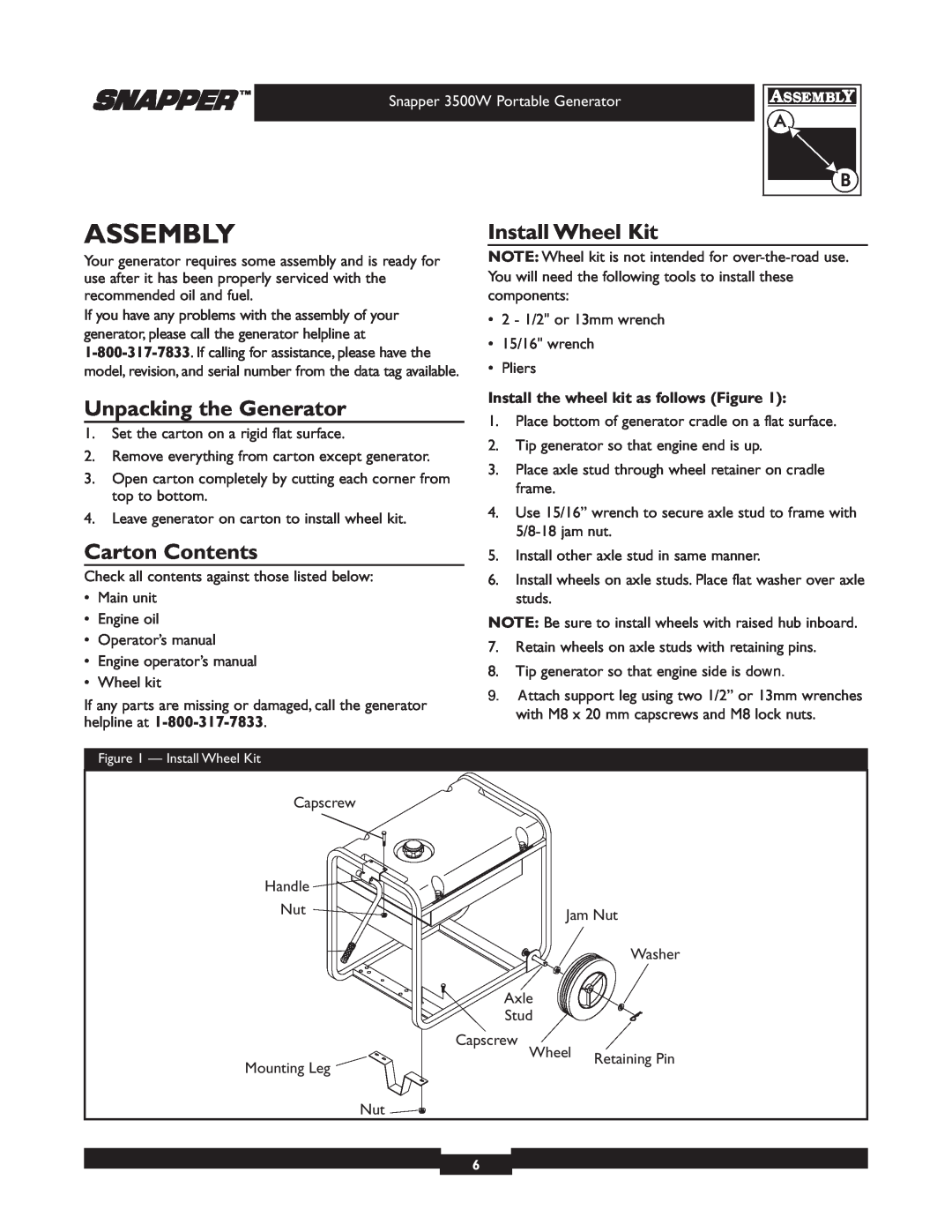 Snapper manual Assembly, Unpacking the Generator, Install Wheel Kit, Carton Contents, Snapper 3500W Portable Generator 