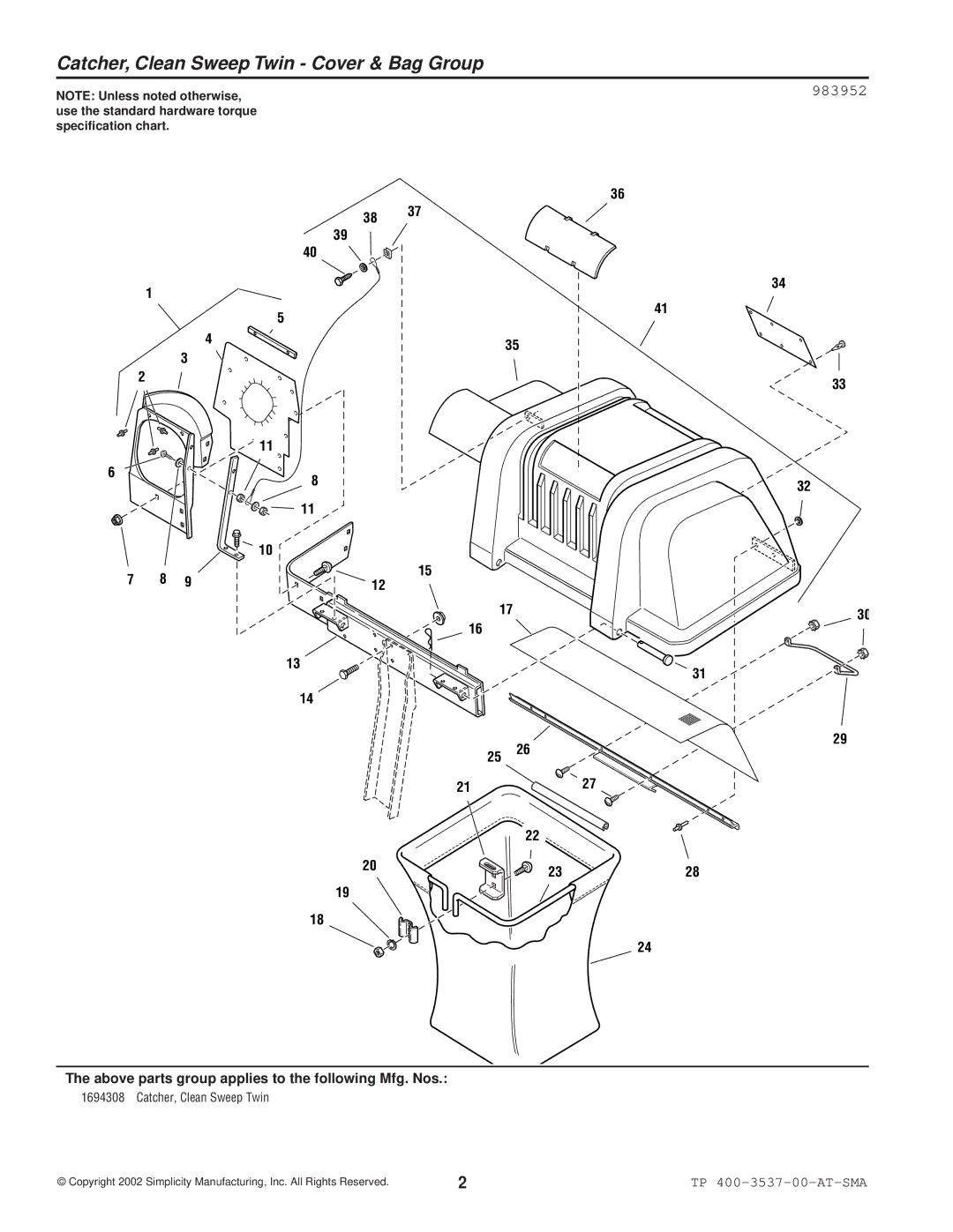 Snapper 3537 manual Catcher, Clean Sweep Twin Cover & Bag Group, 983952 