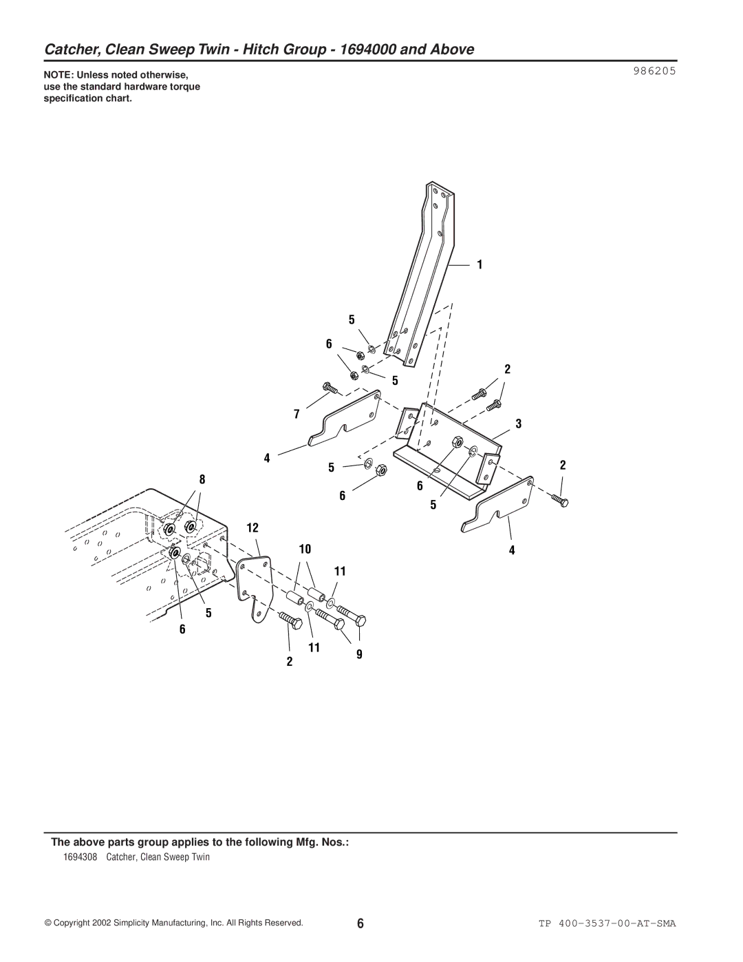 Snapper 3537 manual Catcher, Clean Sweep Twin Hitch Group 1694000 and Above, 986205 