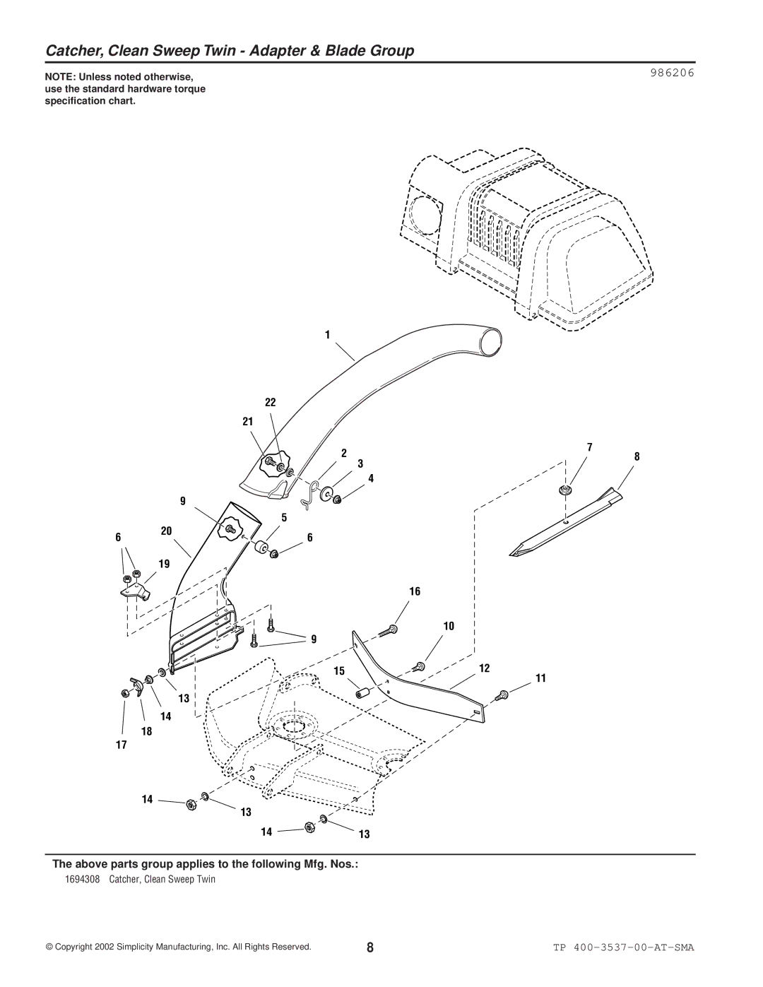 Snapper 3537 manual Catcher, Clean Sweep Twin Adapter & Blade Group, 986206 