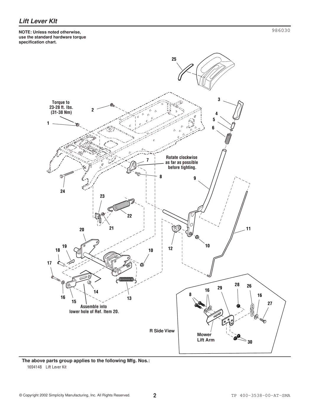 Snapper 3538 manual Lift Lever KIt 