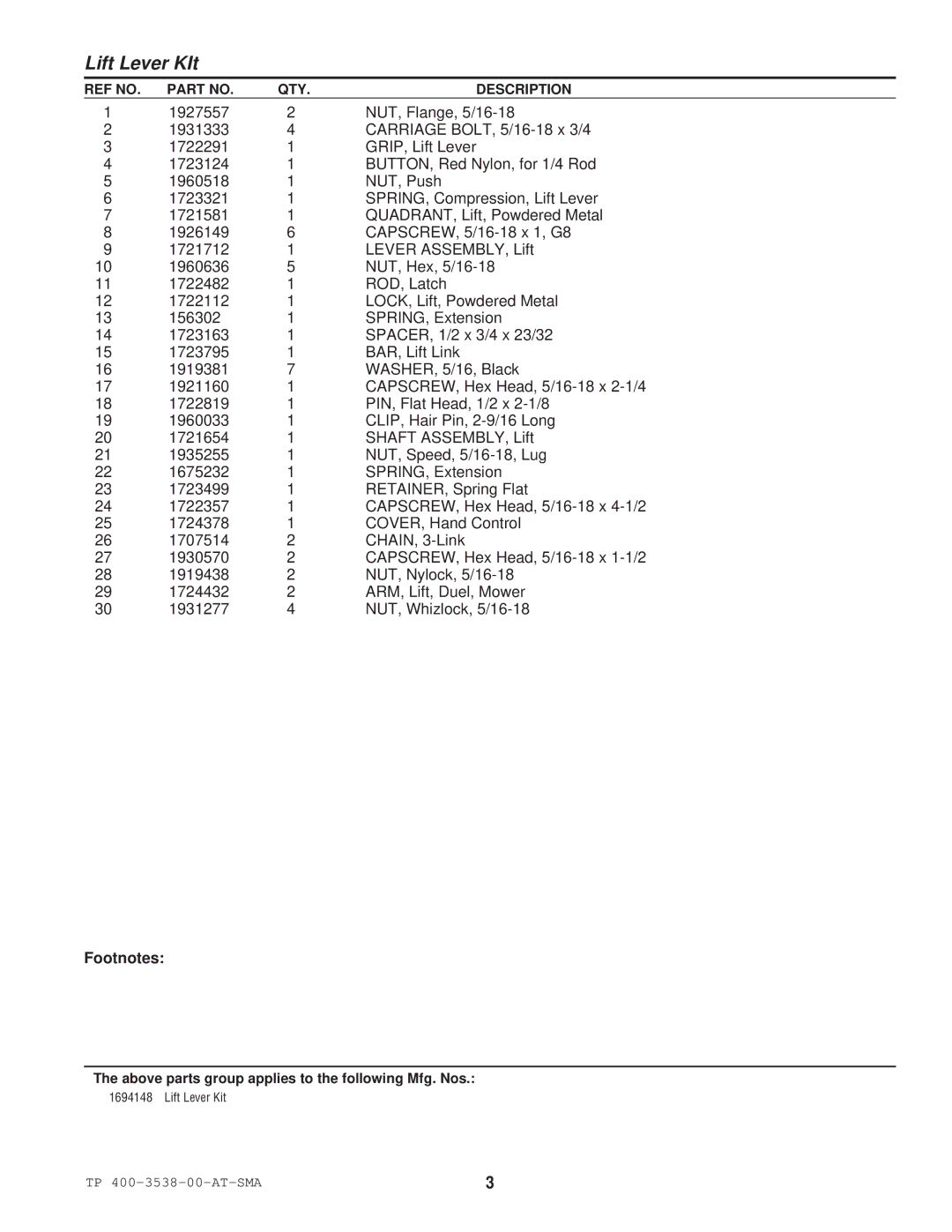 Snapper 3538 manual Footnotes 