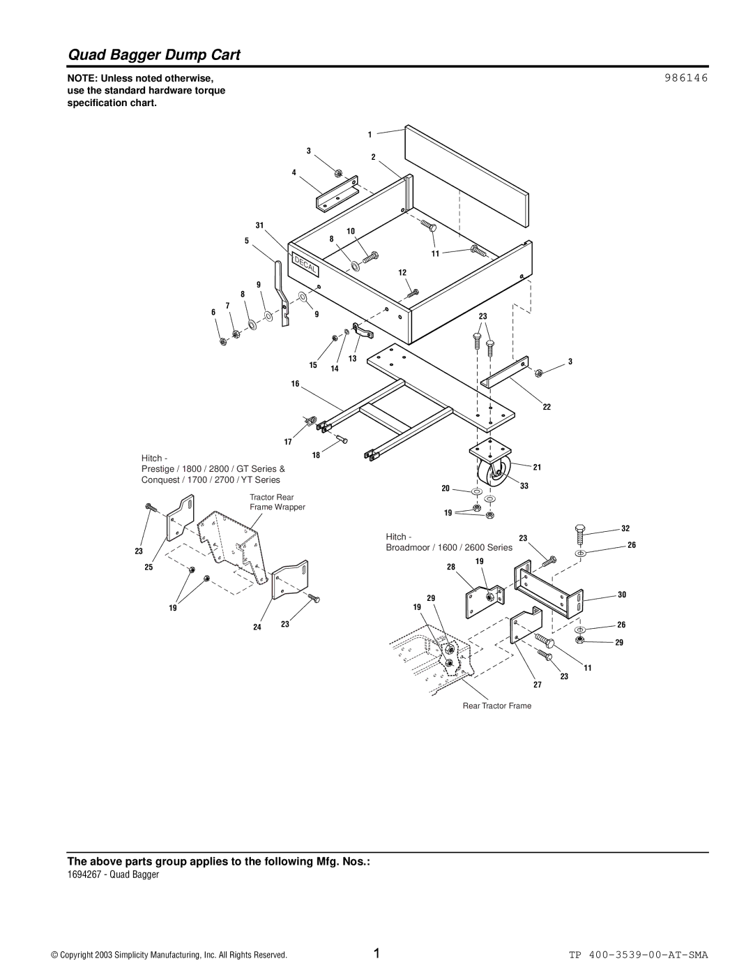 Snapper 3539 manual Quad Bagger Dump Cart, Use the standard hardware torque specification chart 